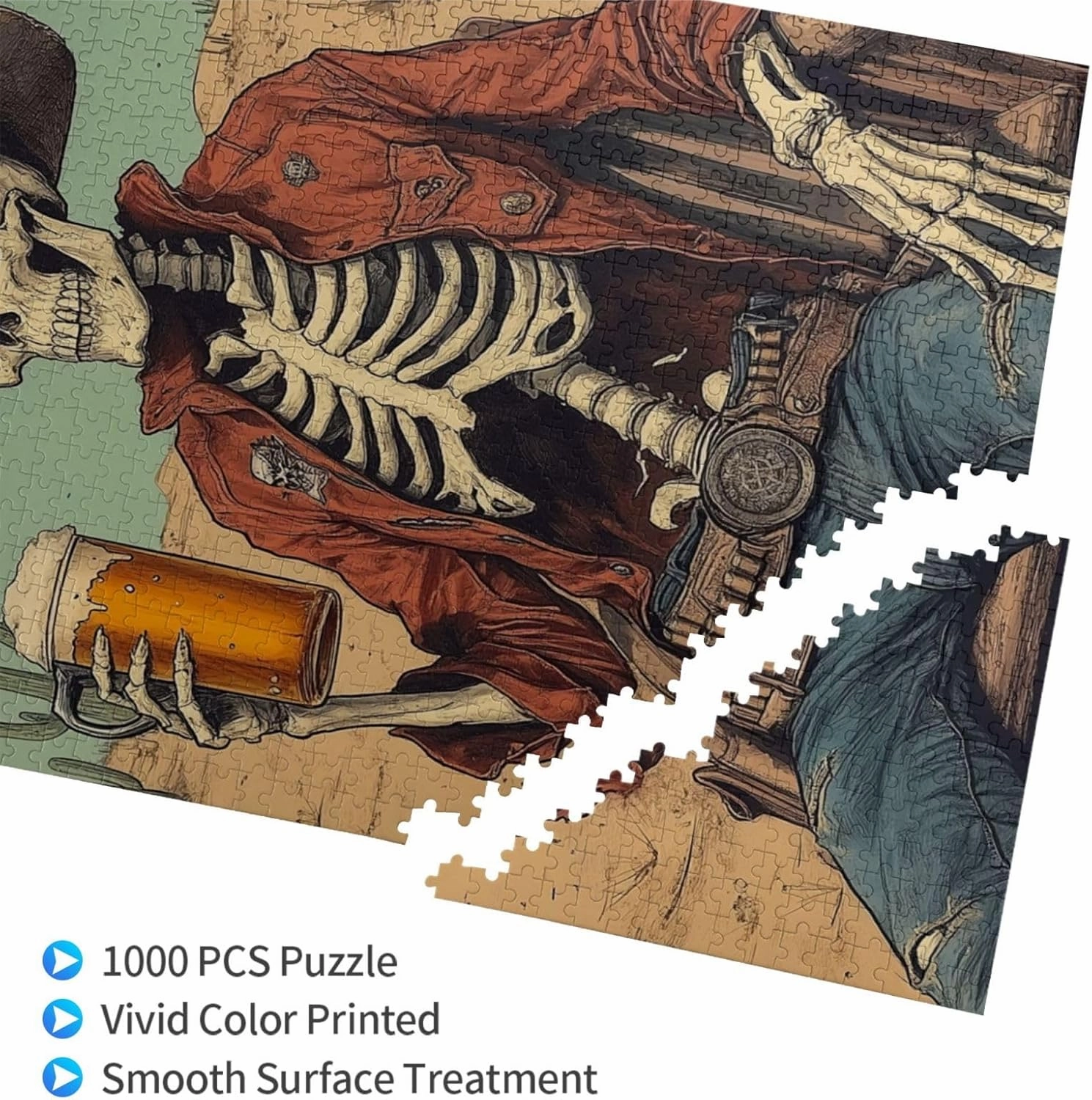 1000 Piece Wooden Puzzle for Adults, Thirsty Skeleton Cowboy Beer in Desert,Brain Training Challenge, Stress Relief Activity,Dark Humor Western Artwork,Gifts for Family and Friends