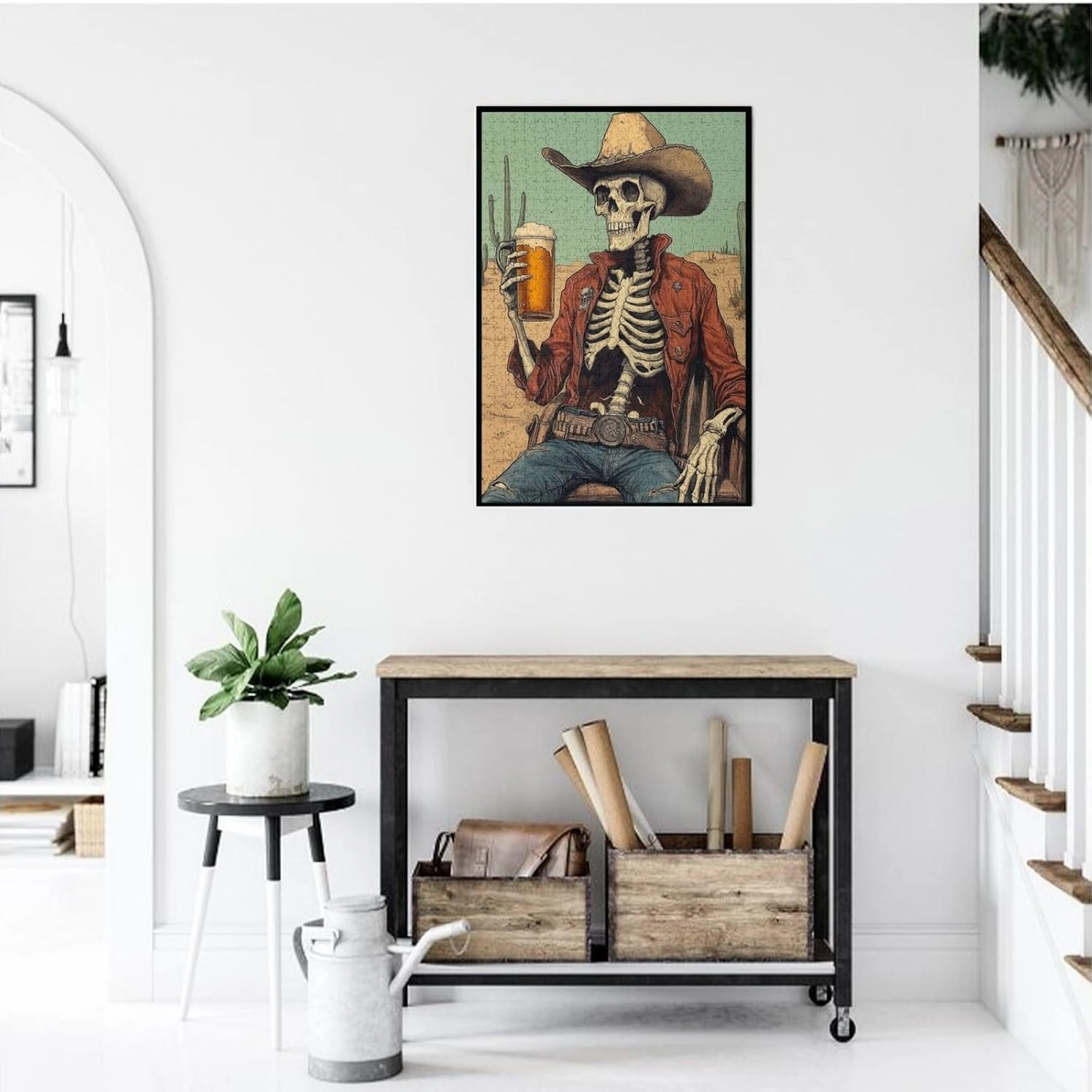 1000 Piece Wooden Puzzle for Adults, Thirsty Skeleton Cowboy Beer in Desert,Brain Training Challenge, Stress Relief Activity,Dark Humor Western Artwork,Gifts for Family and Friends