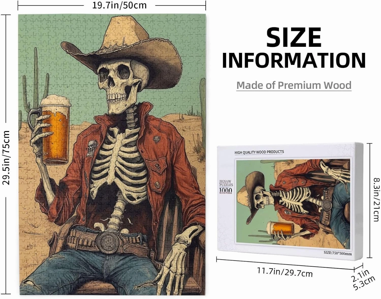 1000 Piece Wooden Puzzle for Adults, Thirsty Skeleton Cowboy Beer in Desert,Brain Training Challenge, Stress Relief Activity,Dark Humor Western Artwork,Gifts for Family and Friends