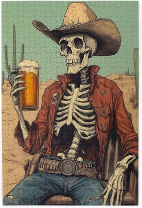 1000 Piece Wooden Puzzle for Adults, Thirsty Skeleton Cowboy Beer in Desert,Brain Training Challenge, Stress Relief Activity,Dark Humor Western Artwork,Gifts for Family and Friends