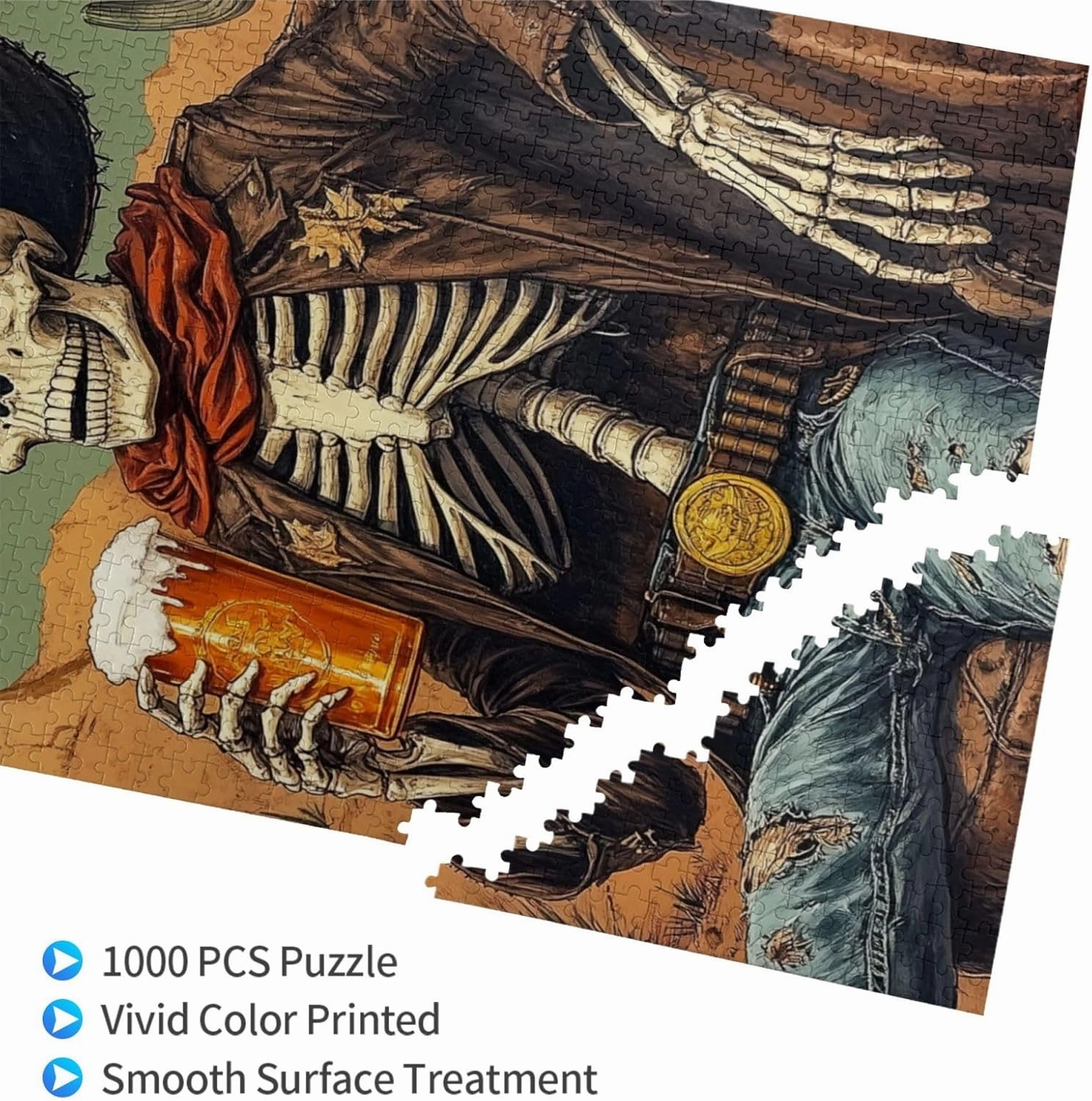 1000 Piece Wooden Puzzle for Adults,Thirsty Skeleton Cowboy Beer in Desert,Dark Humor Western Artwork,Brain Training Challenge, Stress Relief Activity,Gifts for Family and Friends