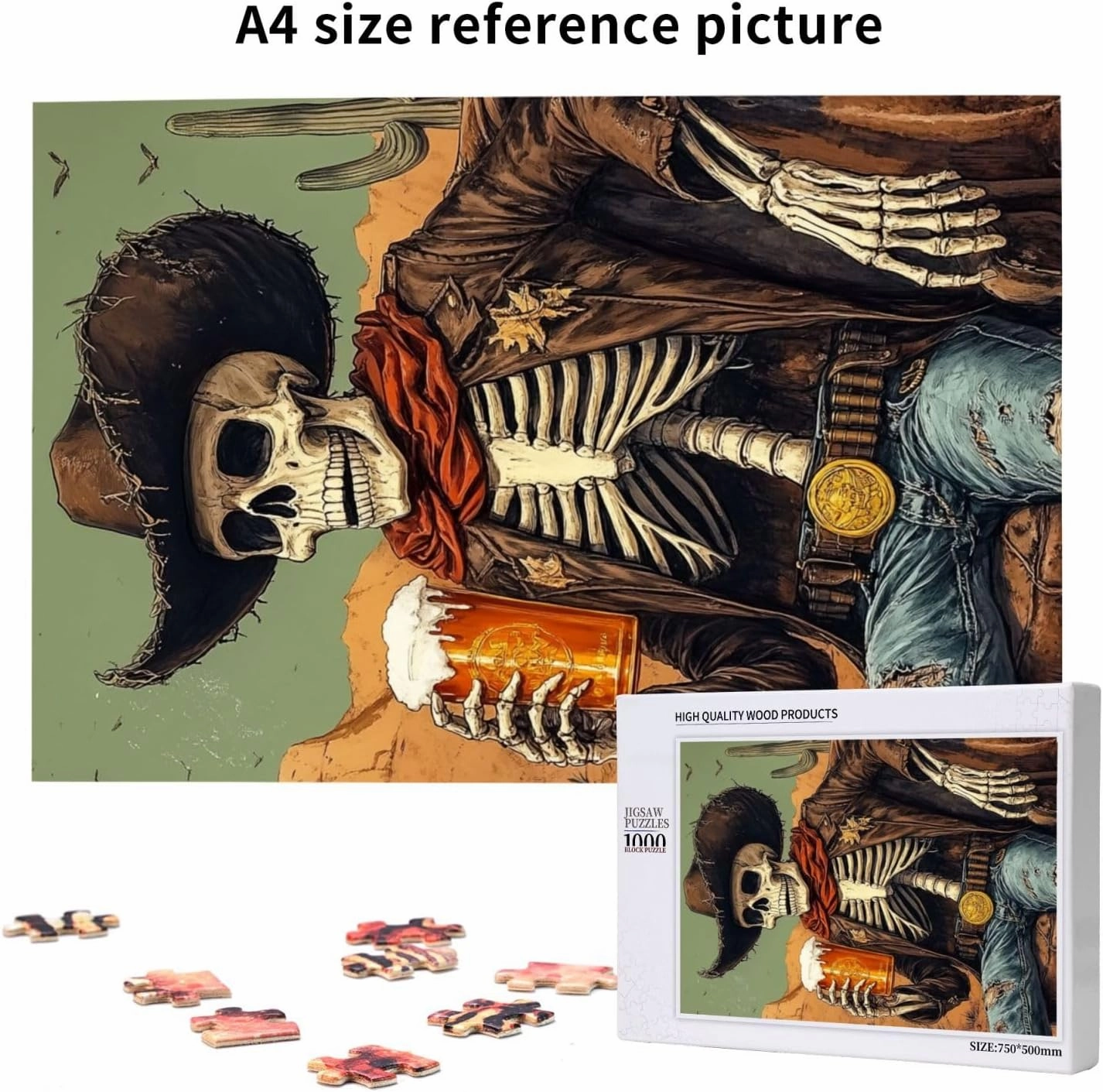 1000 Piece Wooden Puzzle for Adults,Thirsty Skeleton Cowboy Beer in Desert,Dark Humor Western Artwork,Brain Training Challenge, Stress Relief Activity,Gifts for Family and Friends