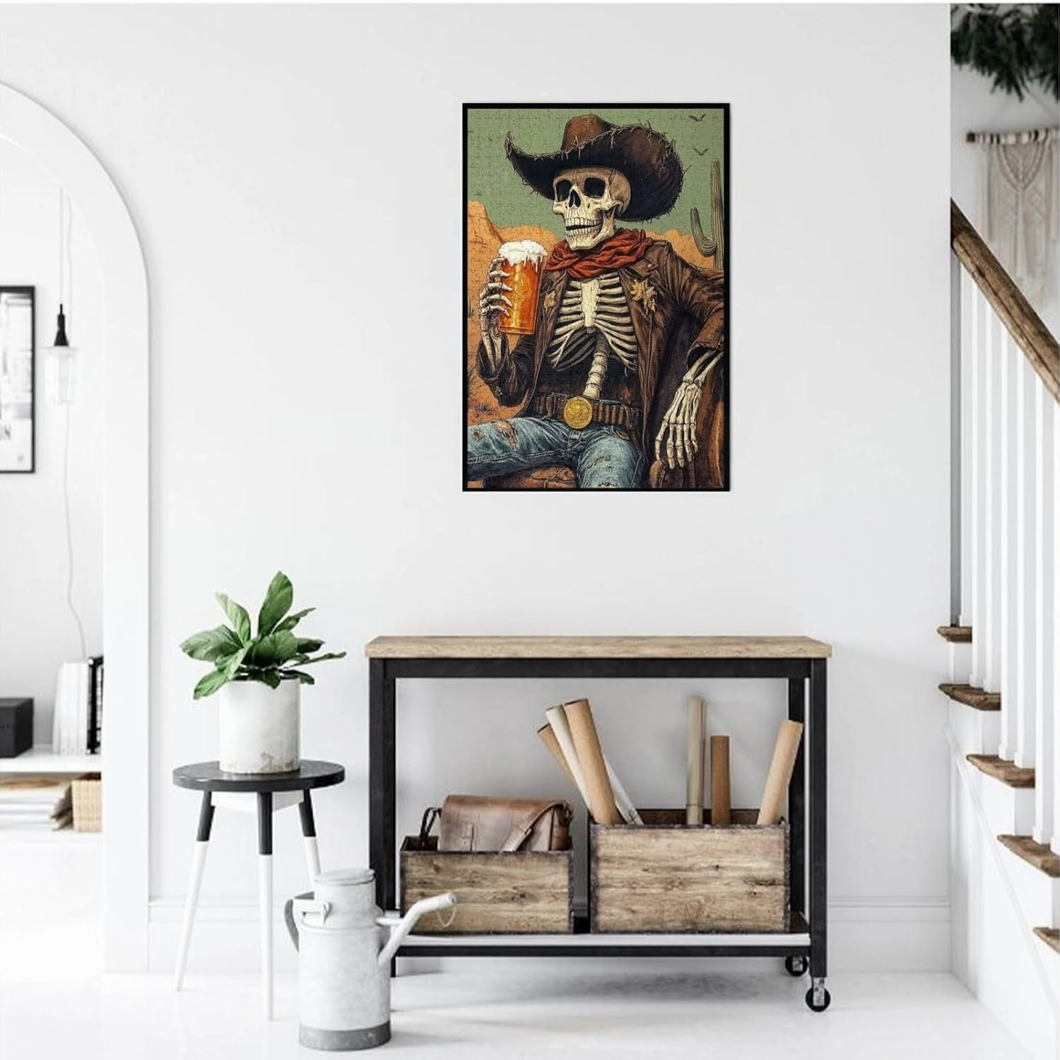 1000 Piece Wooden Puzzle for Adults,Thirsty Skeleton Cowboy Beer in Desert,Dark Humor Western Artwork,Brain Training Challenge, Stress Relief Activity,Gifts for Family and Friends