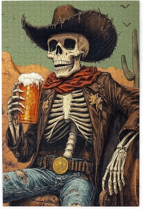 1000 Piece Wooden Puzzle for Adults,Thirsty Skeleton Cowboy Beer in Desert,Dark Humor Western Artwork,Brain Training Challenge, Stress Relief Activity,Gifts for Family and Friends