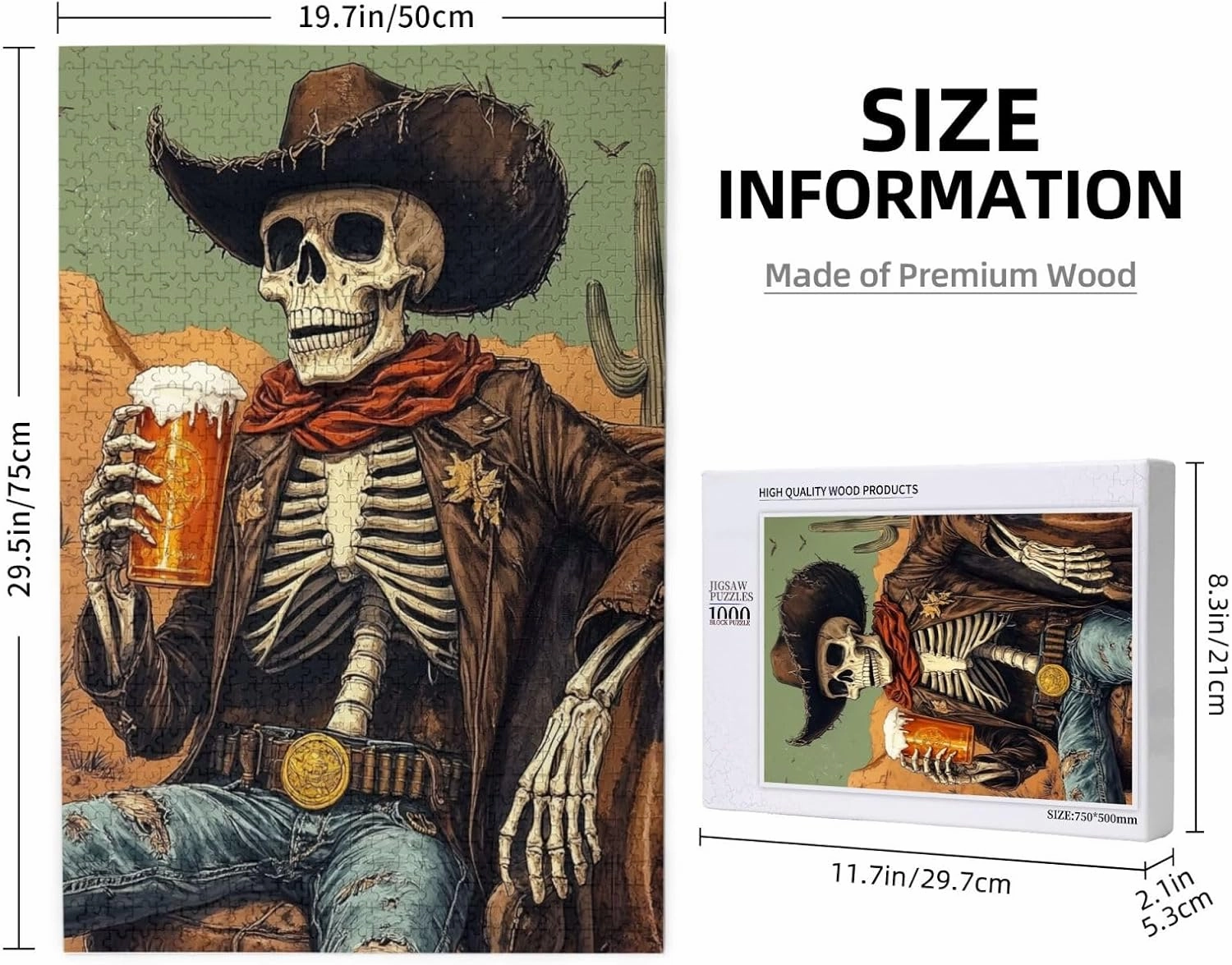 1000 Piece Wooden Puzzle for Adults,Thirsty Skeleton Cowboy Beer in Desert,Dark Humor Western Artwork,Brain Training Challenge, Stress Relief Activity,Gifts for Family and Friends