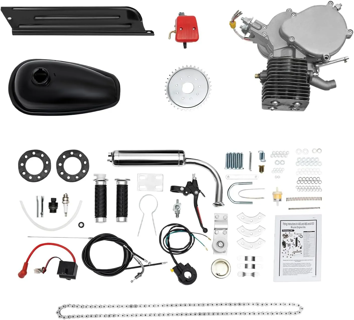 100CC Bicycle Engine Kit Two-Stroke Bike Engine Kit 1.9KW 44 Tooth Sprocket Motorized Petrol Gas Motor Conversion Kit for 26" 28" Bicycle