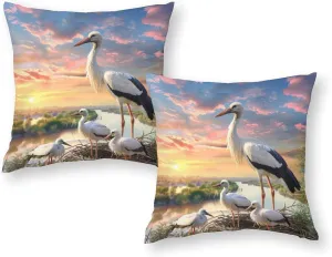 2 Packs Cute Stork Throw Pillow Covers for Living Room, Black White Bird Dusk Stream Pillow Covers Cushion Case for Couch Sofa Bed, 16x16 inch