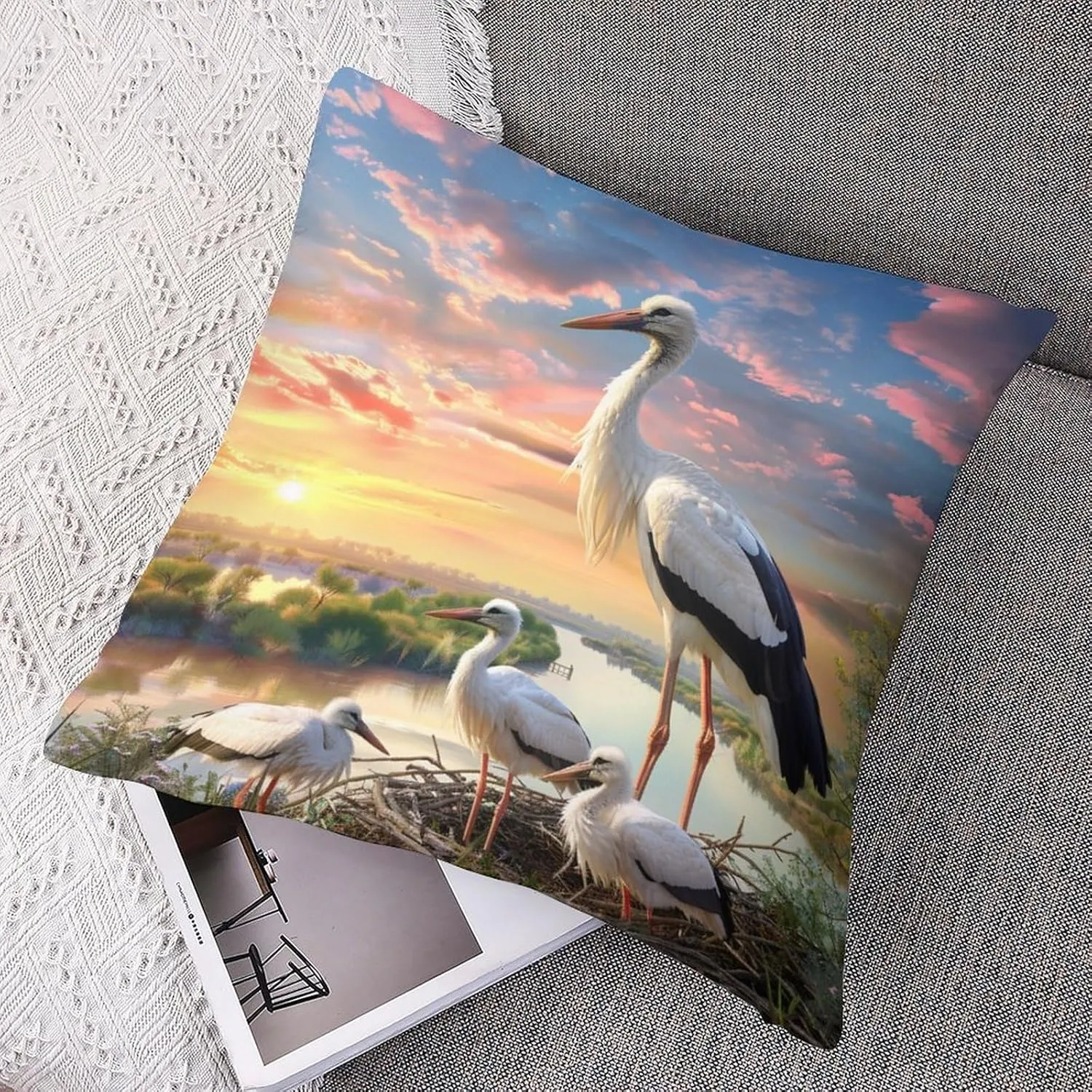 2 Packs Cute Stork Throw Pillow Covers for Living Room, Black White Bird Dusk Stream Pillow Covers Cushion Case for Couch Sofa Bed, 16x16 inch