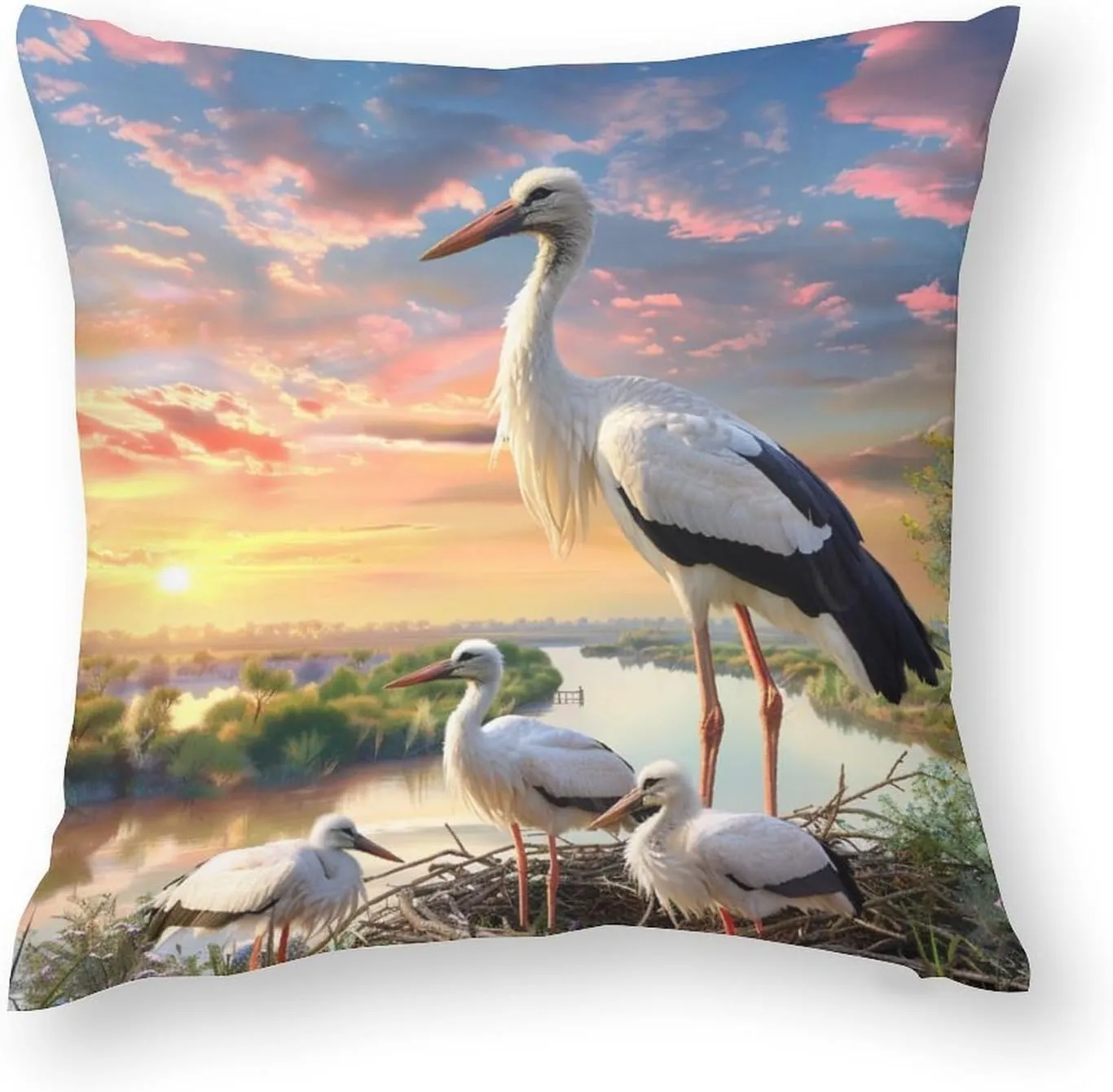 2 Packs Cute Stork Throw Pillow Covers for Living Room, Black White Bird Dusk Stream Pillow Covers Cushion Case for Couch Sofa Bed, 16x16 inch