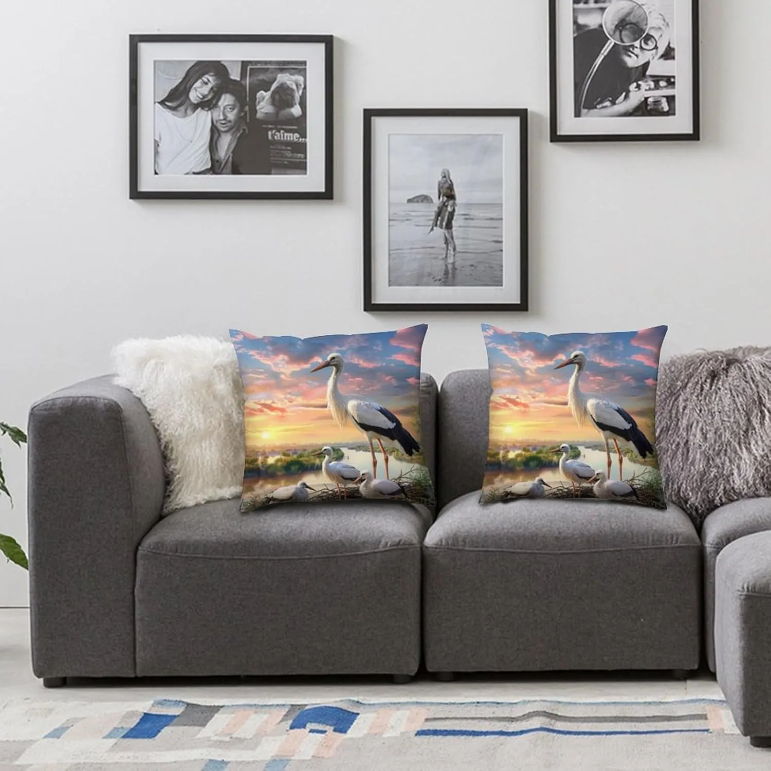 2 Packs Cute Stork Throw Pillow Covers for Living Room, Black White Bird Dusk Stream Pillow Covers Cushion Case for Couch Sofa Bed, 16x16 inch