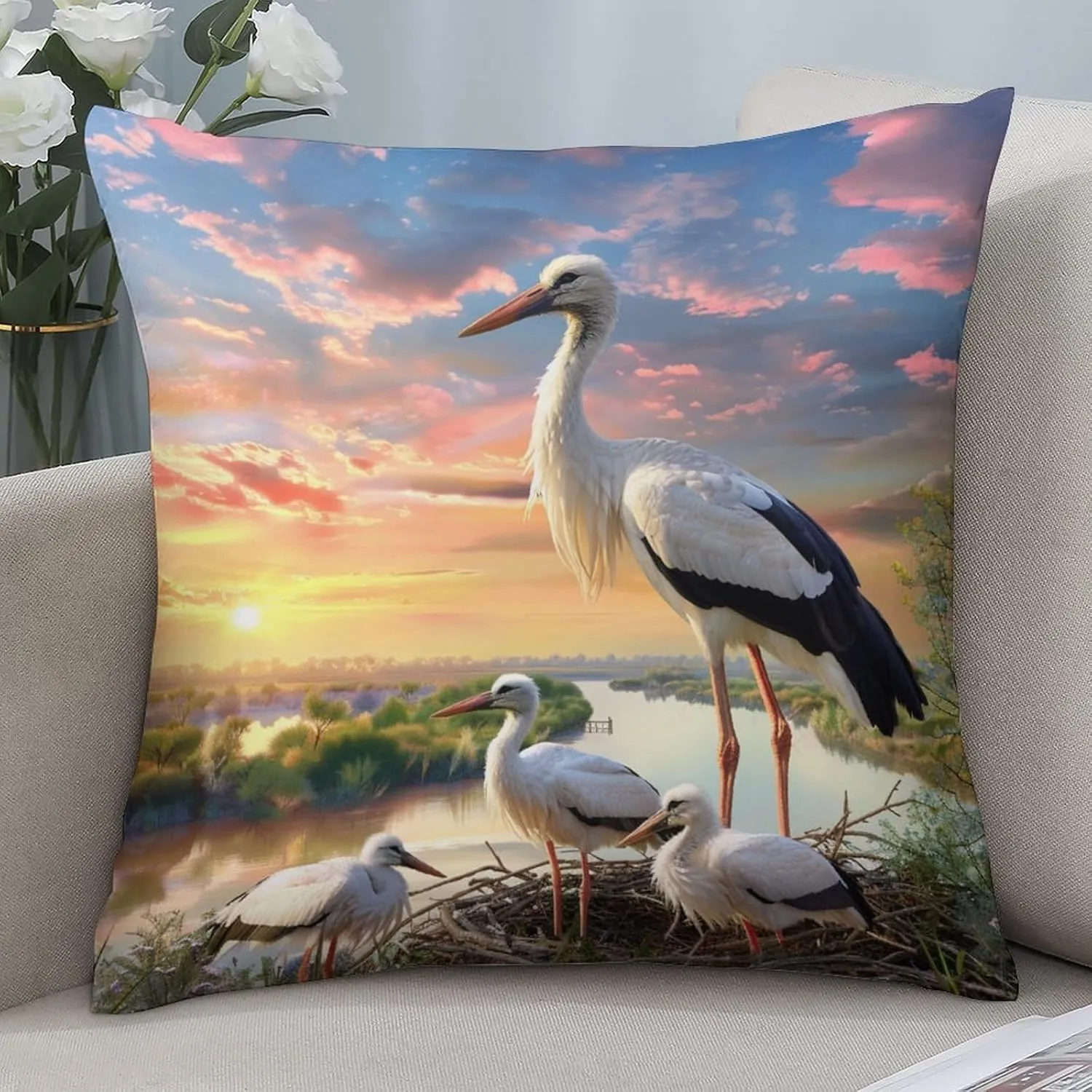 2 Packs Cute Stork Throw Pillow Covers for Living Room, Black White Bird Dusk Stream Pillow Covers Cushion Case for Couch Sofa Bed, 16x16 inch