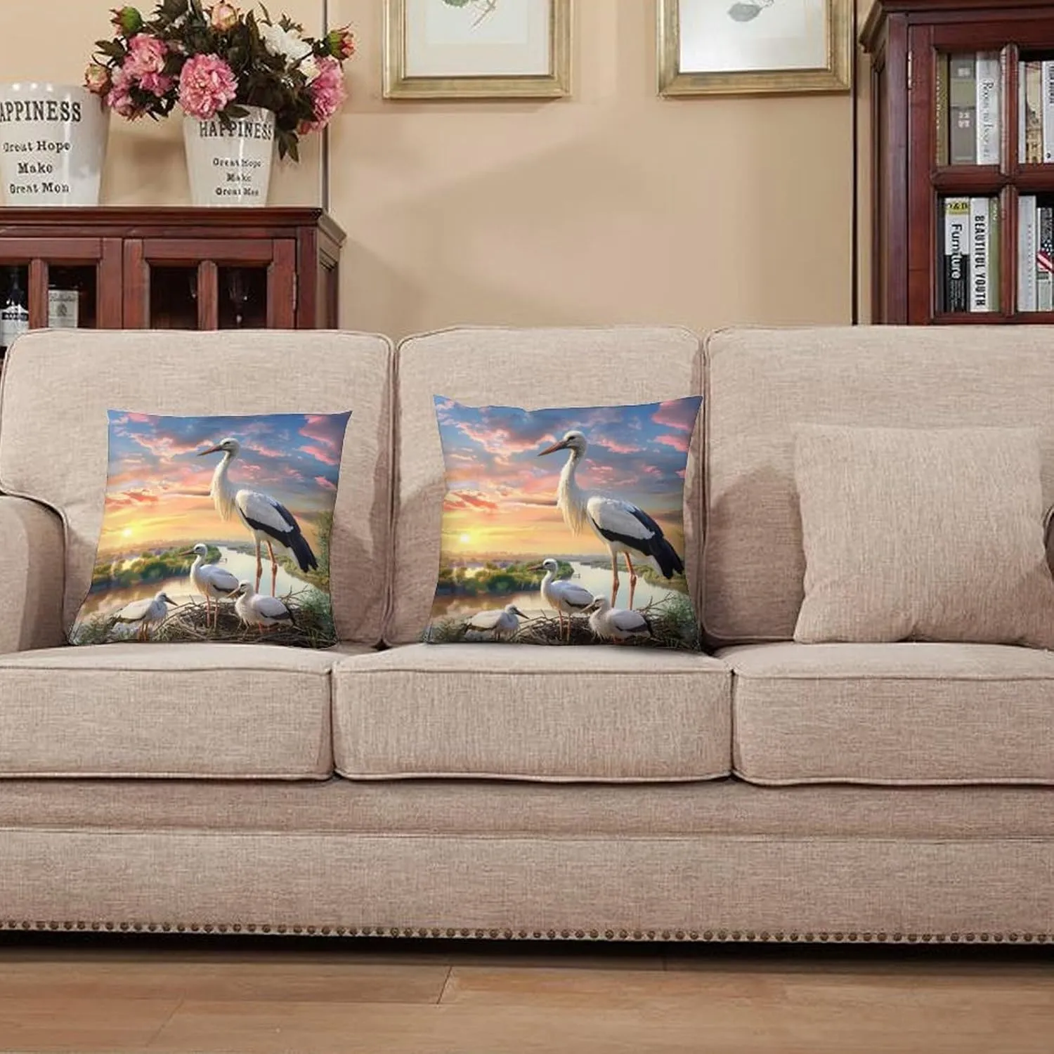 2 Packs Cute Stork Throw Pillow Covers for Living Room, Black White Bird Dusk Stream Pillow Covers Cushion Case for Couch Sofa Bed, 16x16 inch