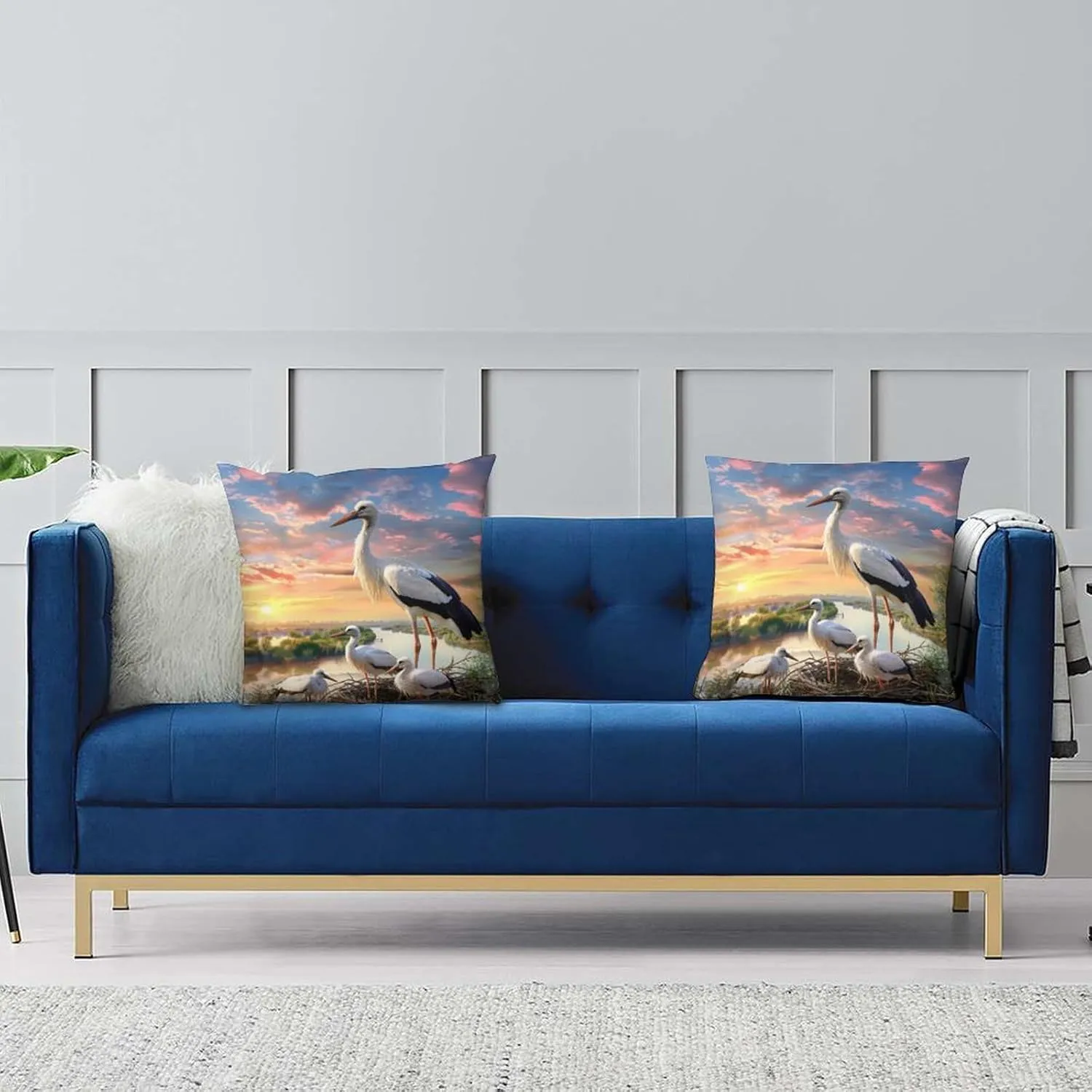 2 Packs Cute Stork Throw Pillow Covers for Living Room, Black White Bird Dusk Stream Pillow Covers Cushion Case for Couch Sofa Bed, 16x16 inch