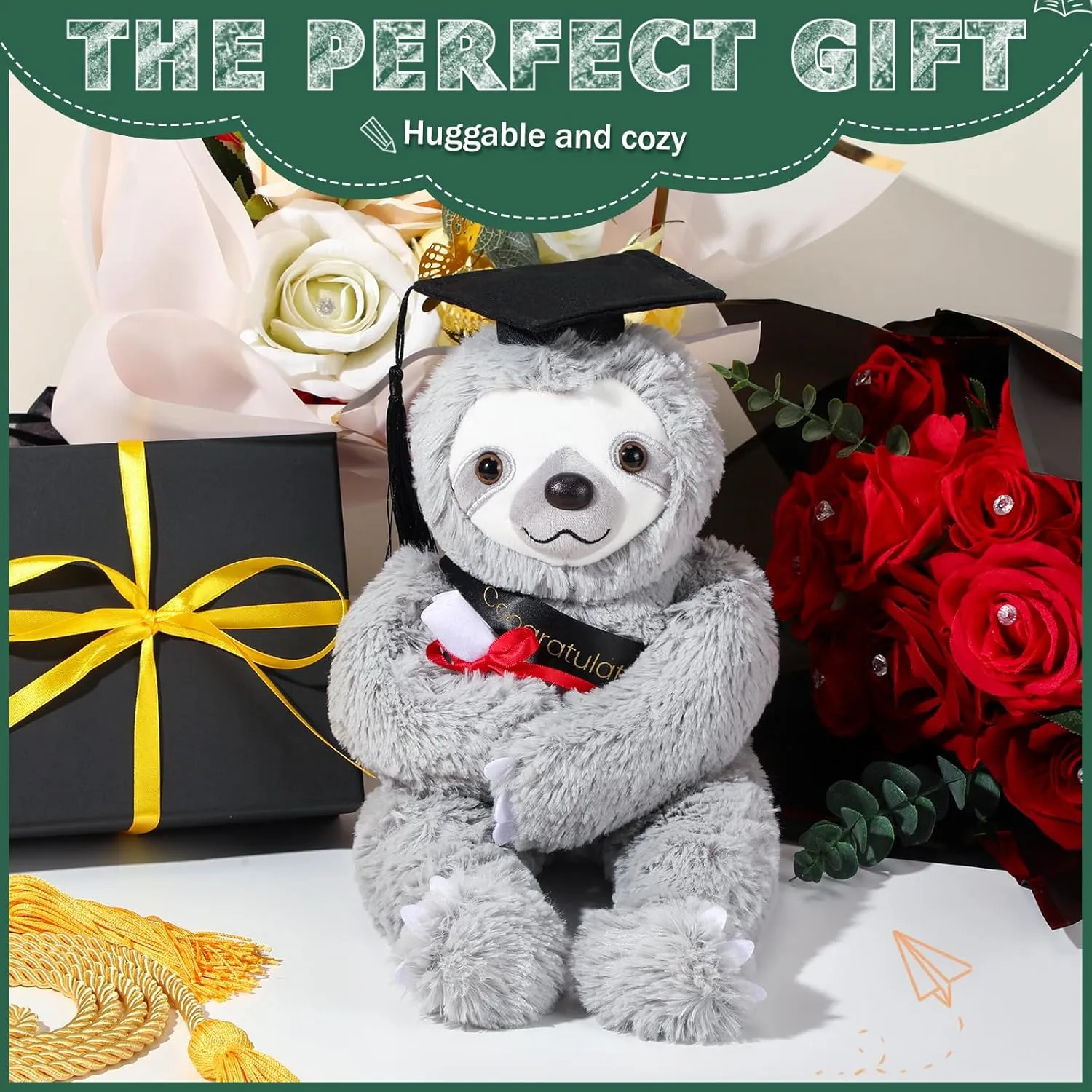 2025 Graduation Gifts Plush Bear 10 Inch Stuffed Animal Signature for Class of 2025 Graduation Congratulations with Cap Plushies Bear with Clear PVC Bag for Students(Black,Sloth)