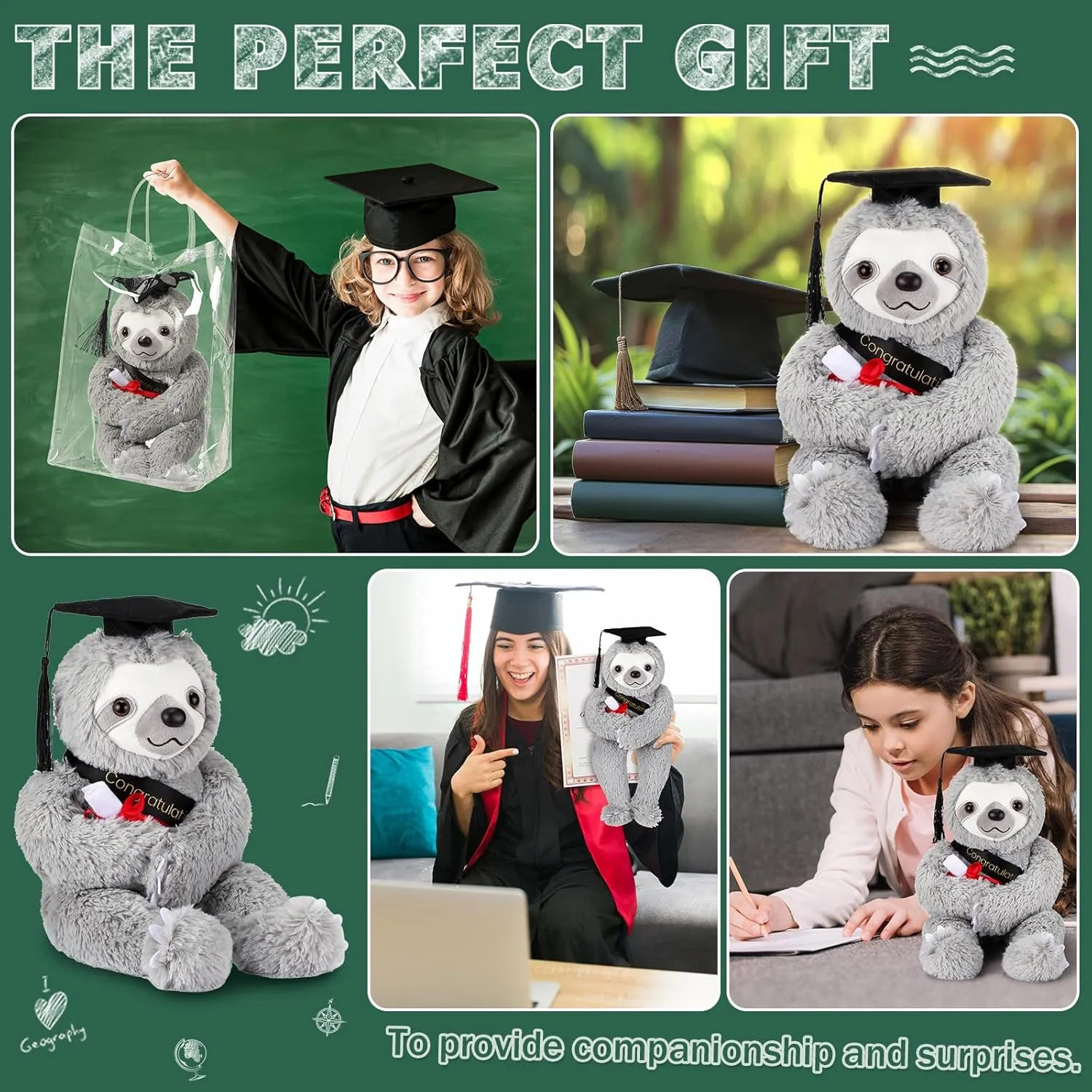 2025 Graduation Gifts Plush Bear 10 Inch Stuffed Animal Signature for Class of 2025 Graduation Congratulations with Cap Plushies Bear with Clear PVC Bag for Students(Black,Sloth)
