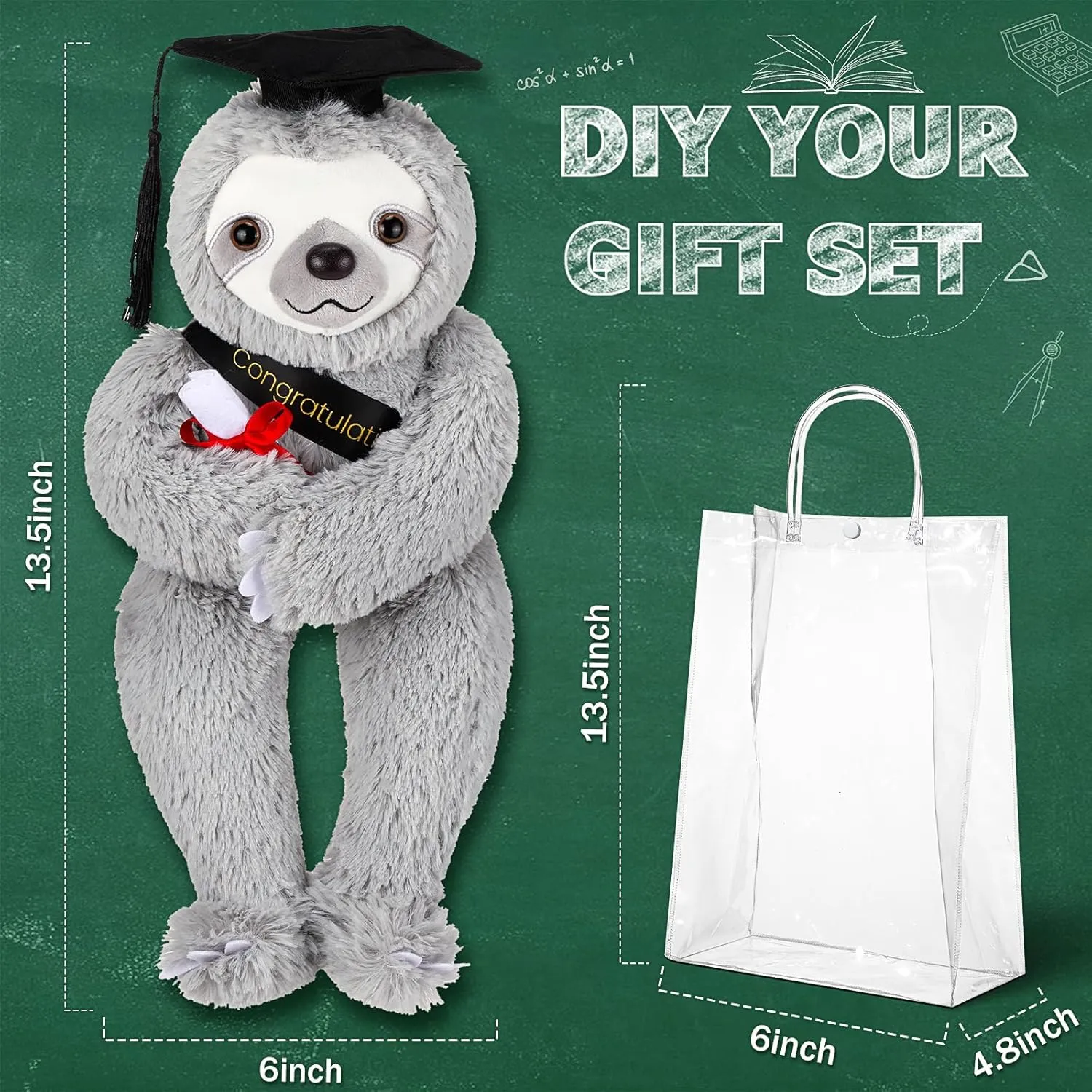 2025 Graduation Gifts Plush Bear 10 Inch Stuffed Animal Signature for Class of 2025 Graduation Congratulations with Cap Plushies Bear with Clear PVC Bag for Students(Black,Sloth)