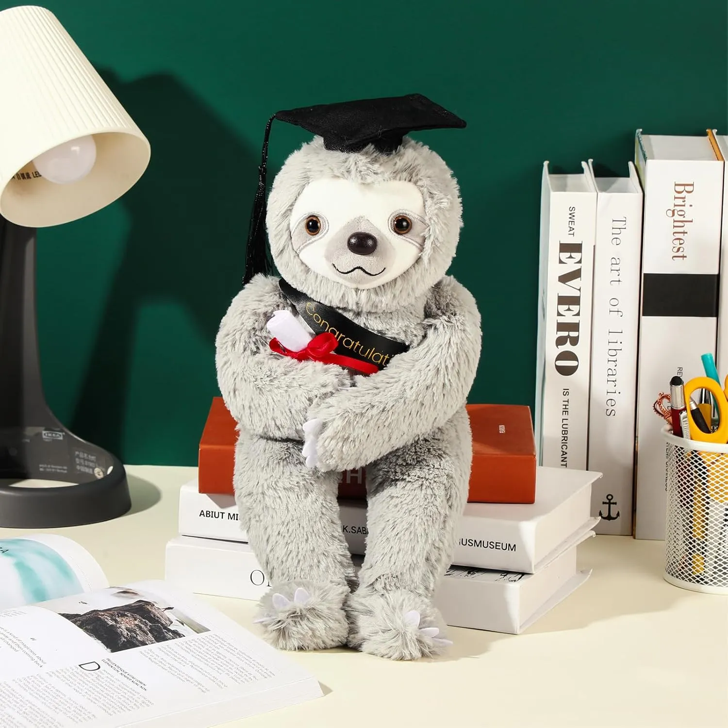 2025 Graduation Gifts Plush Bear 10 Inch Stuffed Animal Signature for Class of 2025 Graduation Congratulations with Cap Plushies Bear with Clear PVC Bag for Students(Black,Sloth)