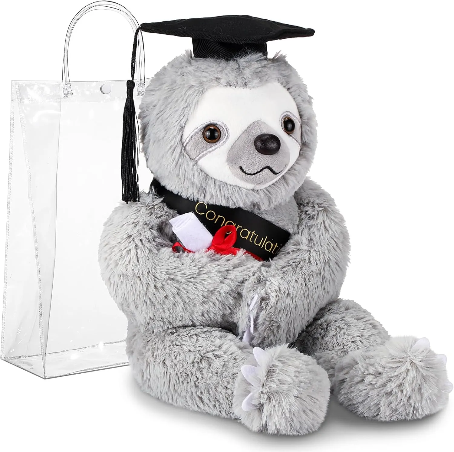 2025 Graduation Gifts Plush Bear 10 Inch Stuffed Animal Signature for Class of 2025 Graduation Congratulations with Cap Plushies Bear with Clear PVC Bag for Students(Black,Sloth)