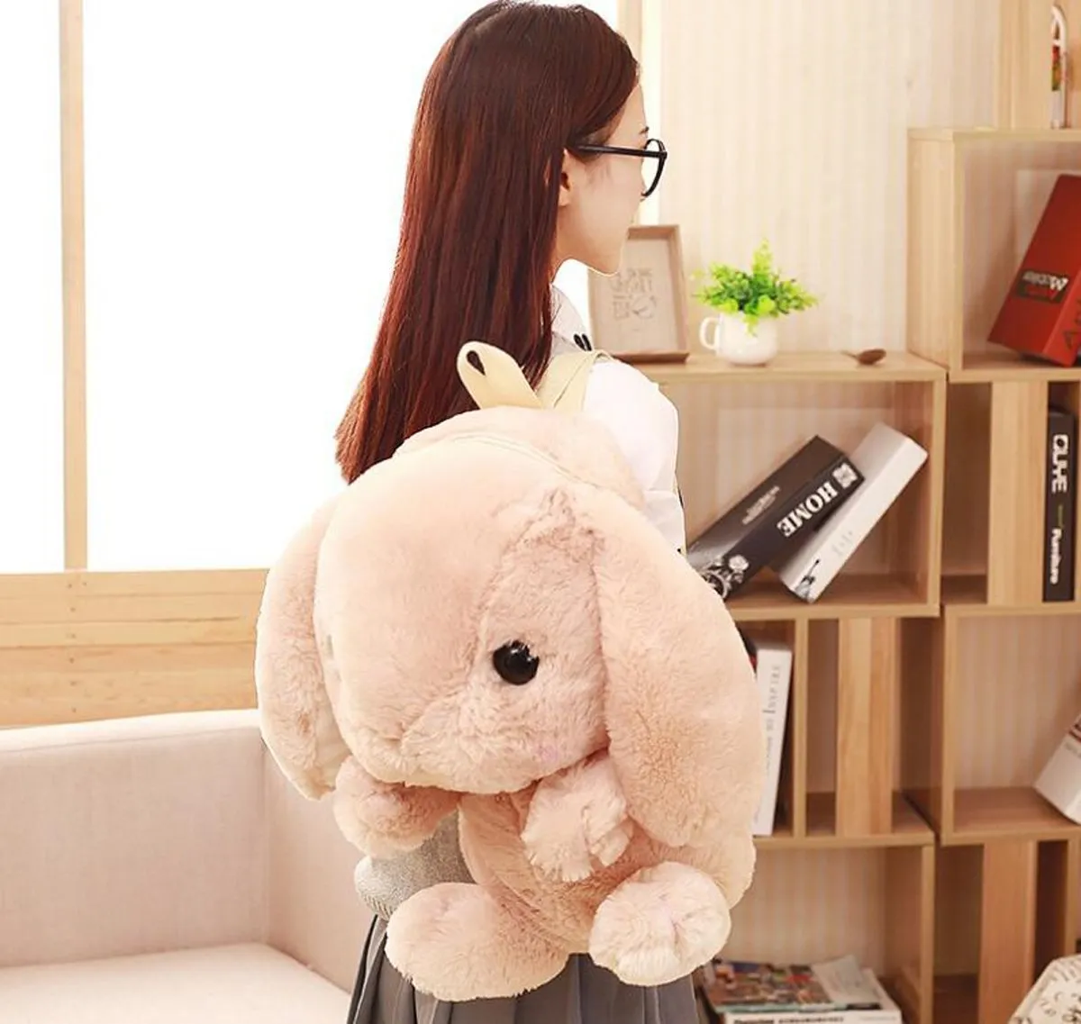 3D Cuddly Plush Stuffed Rabbit Bunny Hare Doll Backpack Knapsack Shoulder Bag (Pink)