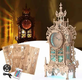3D Wood Puzzle LED Tower Clock, DIY Architectural Building Blocks Desktop Clock (LED-TC01 Wood)