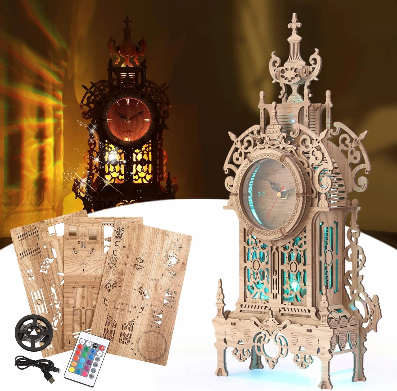3D Wood Puzzle LED Tower Clock, DIY Architectural Building Blocks Desktop Clock (LED-TC01 Wood)
