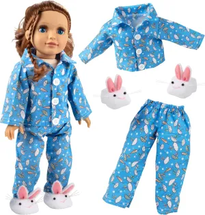 3pc Pajama Outfit w Bunny Slippers - 18" Doll Clothes & Accessories Compatible w American Girl Dolls - Set Includes April Showers PJ Top & Bottom, & White Rabbit Slippers - Cozy and Cute