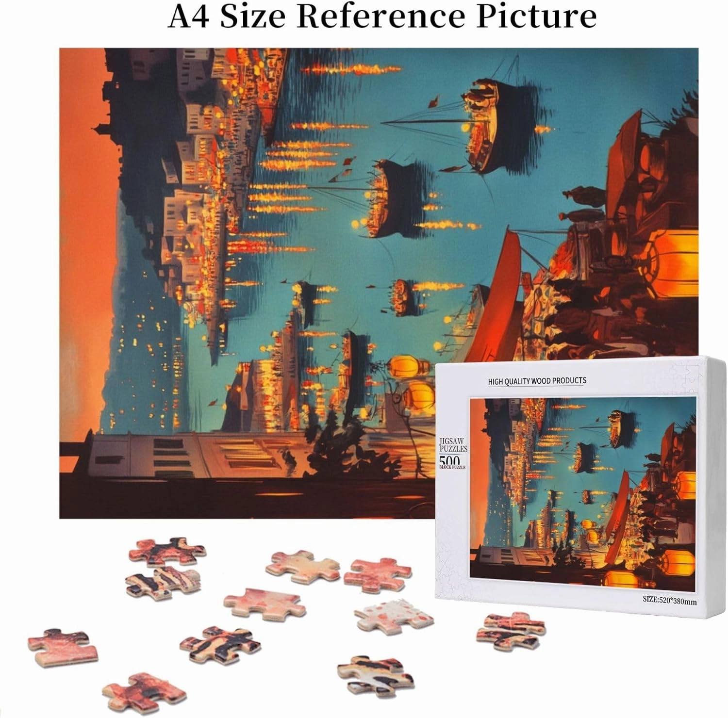 500 Piece Wooden Jigsaw for Adults,Urban Waterway Sailing Puzzle，Challenging City River & Boat Landscape Art，Pieces Fit Together Perfectly,Enjoy Solving Process,Gifts fro Friends