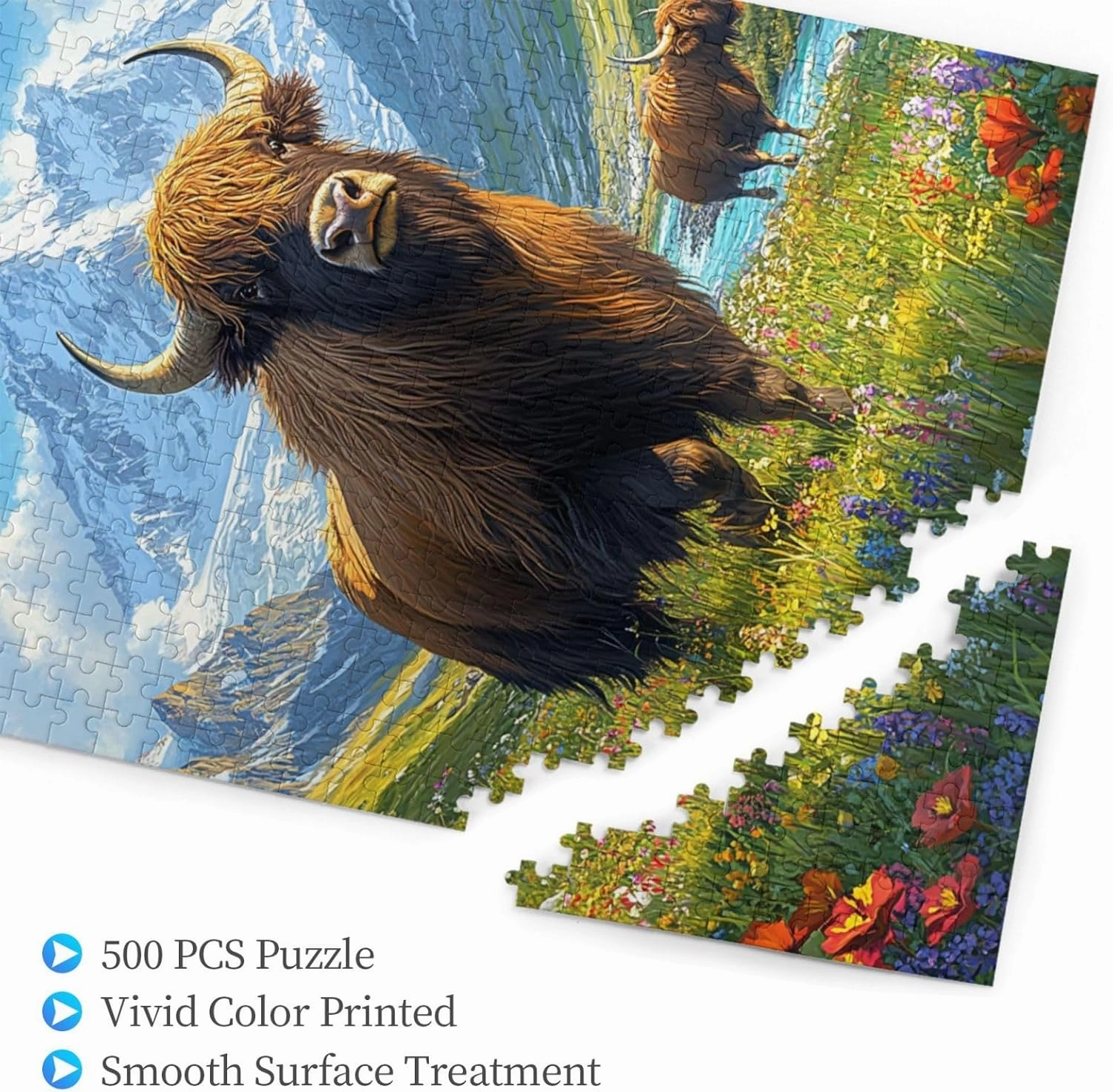 500pcs Wooden Jigsaw Puzzle,Majestic Yak in Grassland,Stunningly Vibrant Colors,Rugged Stress Relief,Premium Cut,Ideal for Relaxation and Family Fun,Gifts for Family and Friends
