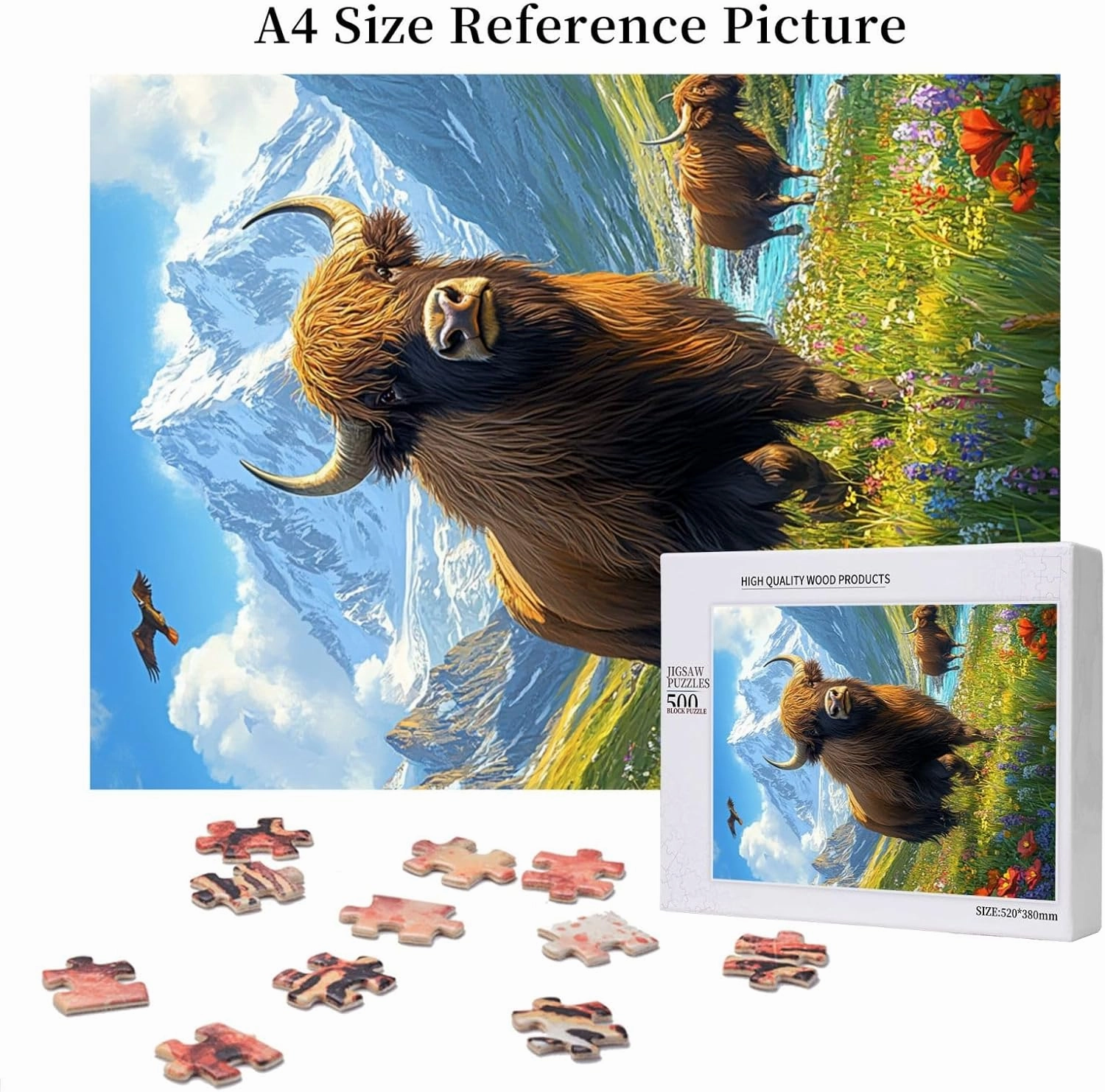 500pcs Wooden Jigsaw Puzzle,Majestic Yak in Grassland,Stunningly Vibrant Colors,Rugged Stress Relief,Premium Cut,Ideal for Relaxation and Family Fun,Gifts for Family and Friends