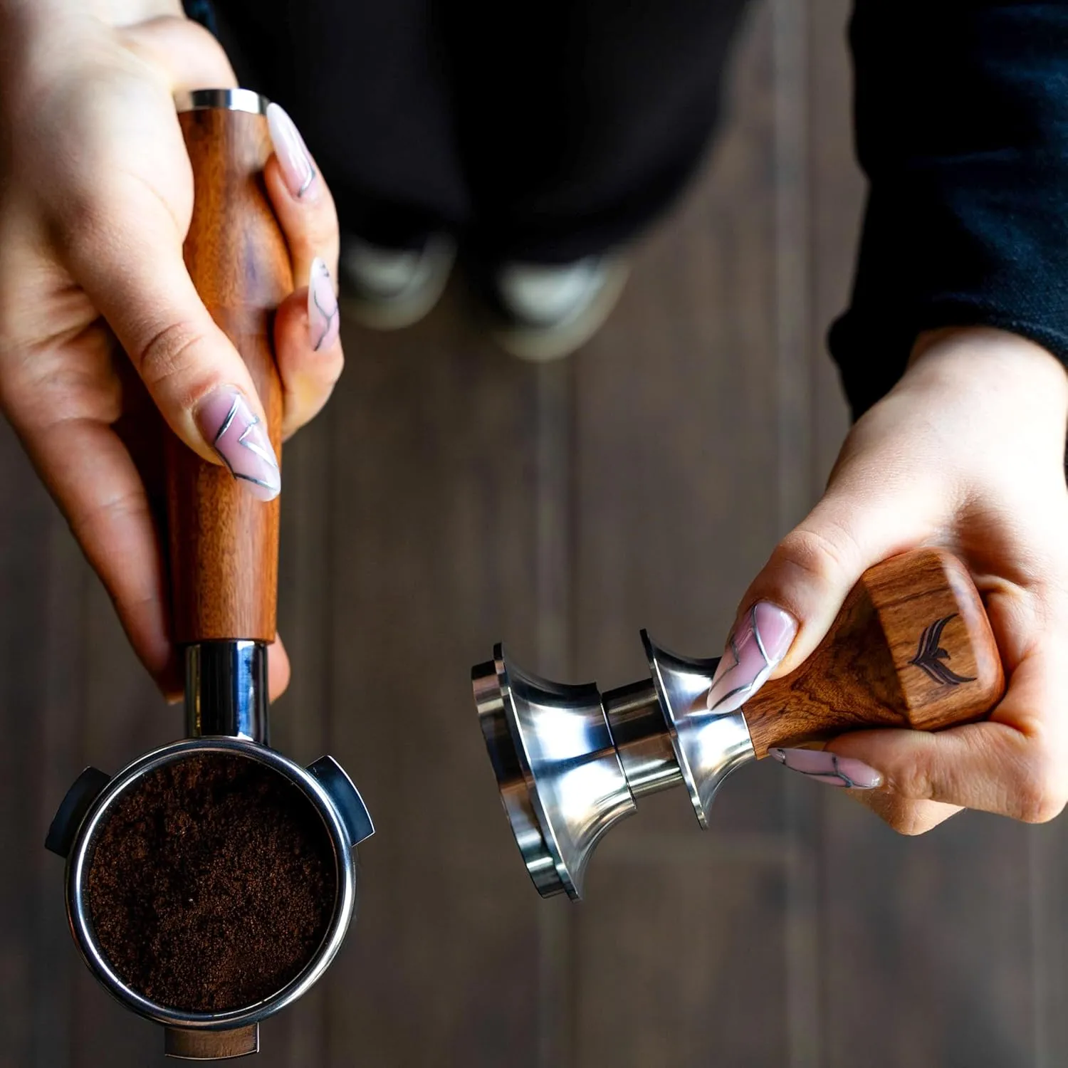 54mm Espresso Tamper for Breville Espresso Machines V2 Rosewood KNODOS Auto Leveling and Double Spring Loaded Design Wooden 30lb Calibrated Coffee Tamper