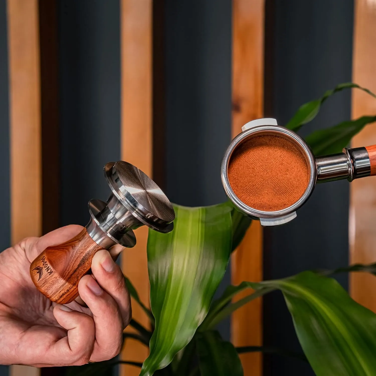 54mm Espresso Tamper for Breville Espresso Machines V2 Rosewood KNODOS Auto Leveling and Double Spring Loaded Design Wooden 30lb Calibrated Coffee Tamper