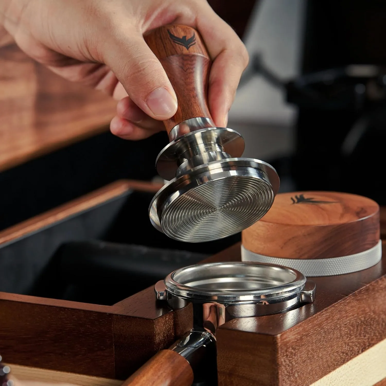 54mm Espresso Tamper for Breville Espresso Machines V2 Rosewood KNODOS Auto Leveling and Double Spring Loaded Design Wooden 30lb Calibrated Coffee Tamper