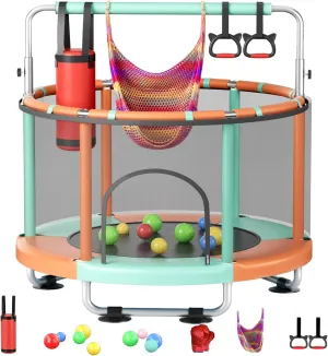 55" Toddler Mini Trampoline for Kids, Indoor Outdoor Toys with Swing, 440lbs Baby Kids Trampoline, Gymnastics Bar, Birthday Gifts for Boy Girl Age 1-8
