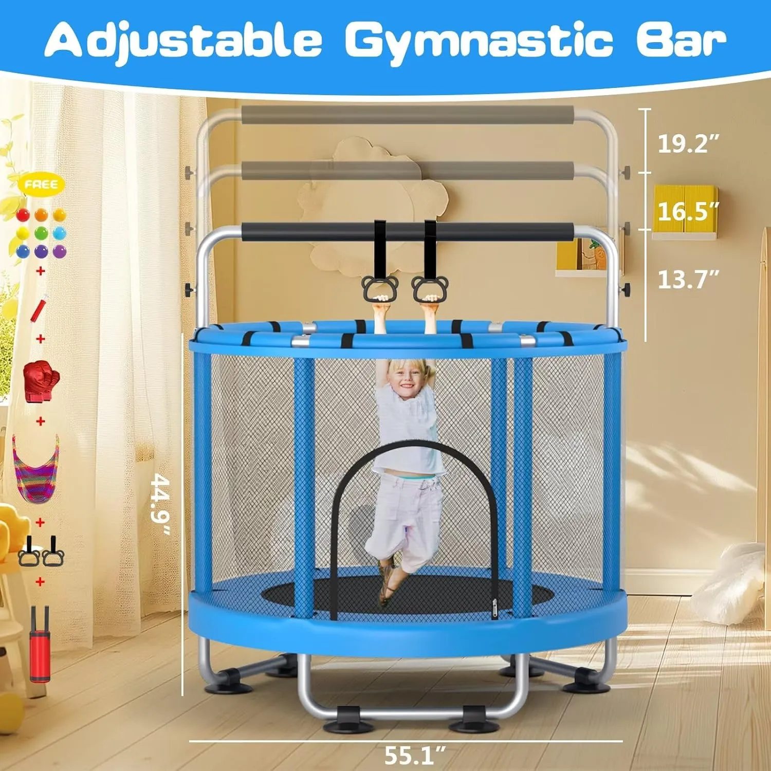 55" Trampoline for Kids with Enclosure, 440lbs Capacity Indoor & Outdoor Toddler Trampoline with Adjustable Gymnastics Bar & Toys, for Boys & Girls
