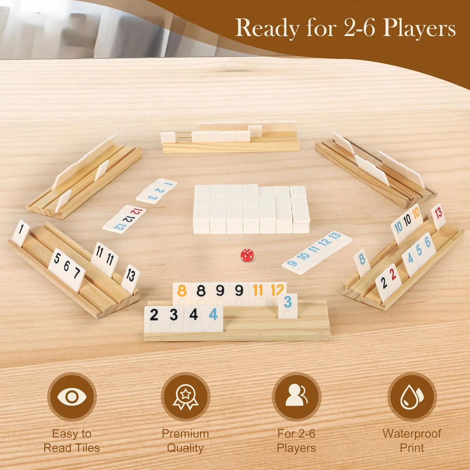6 Players Rummy Game with 6 Wooden Racks, 160 Melamine Tiles, Premium Portable Case, Tile Board Games for Adults, Travel, Birthday Gifts for Women Men Dad Mom Husband Wife