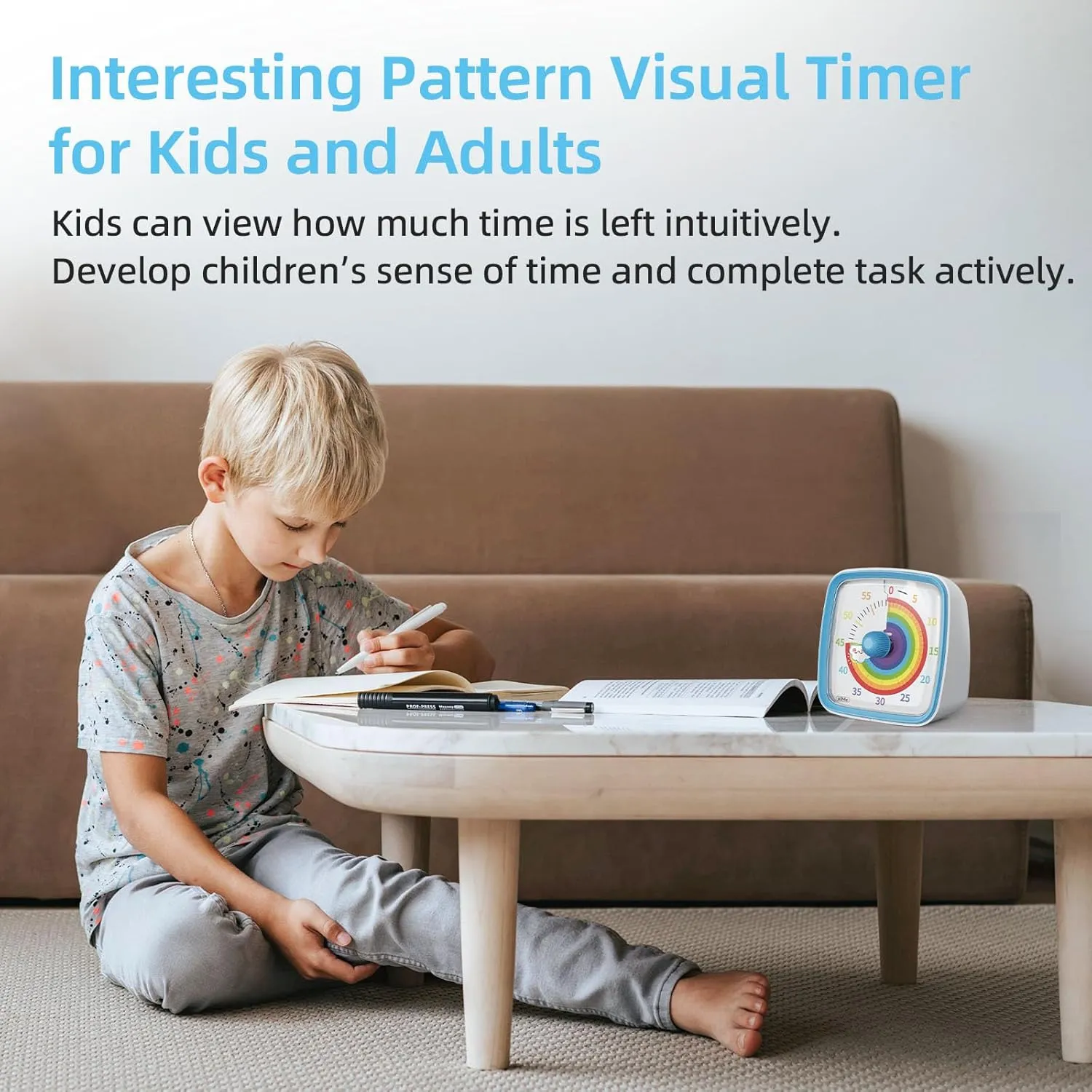 60-Minute Visual Timer with Night Light, Countdown Timer for Classroom Home Kitchen Office, Pomodoro Timer with Rainbow Pattern for Kids and Adults (Blue)
