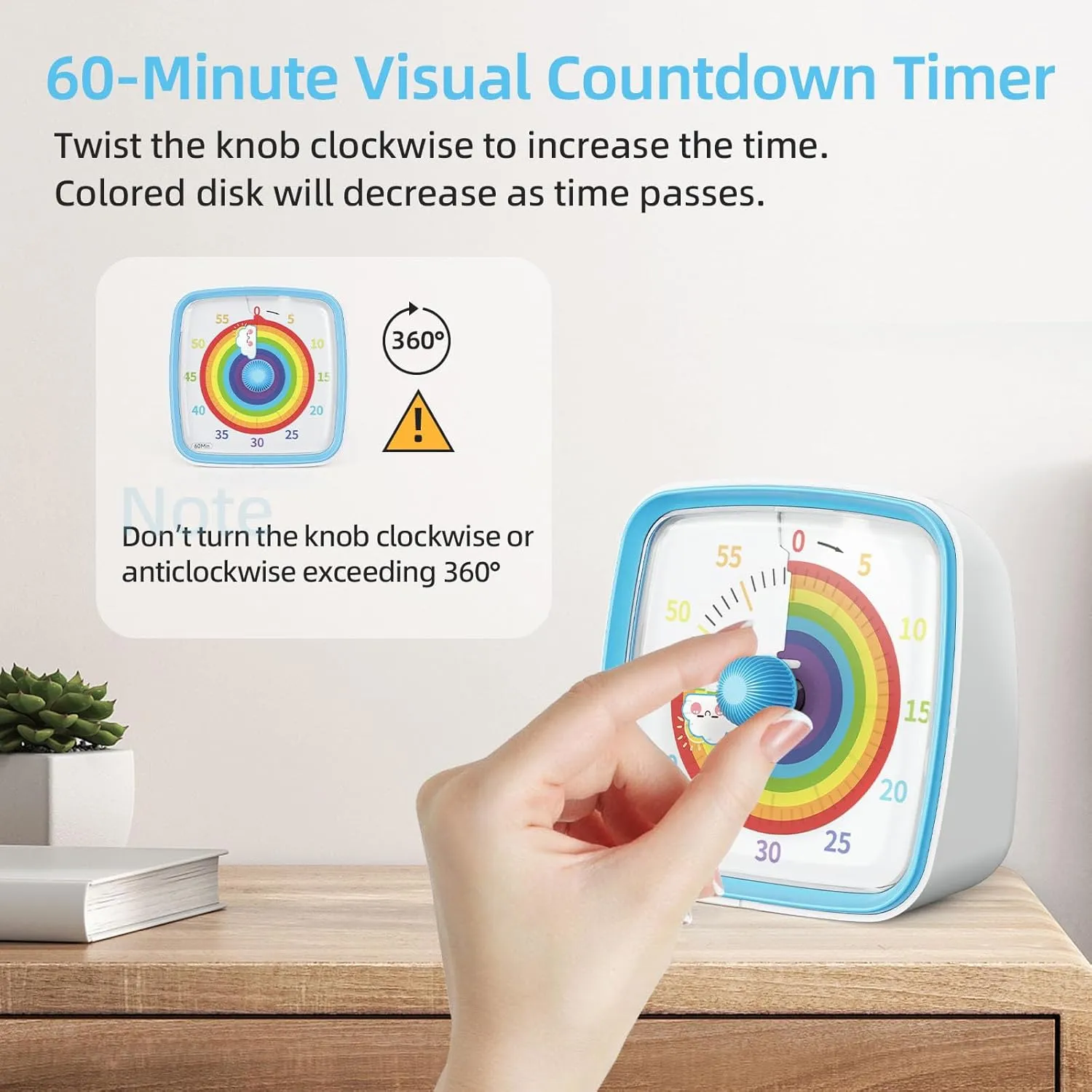 60-Minute Visual Timer with Night Light, Countdown Timer for Classroom Home Kitchen Office, Pomodoro Timer with Rainbow Pattern for Kids and Adults (Blue)
