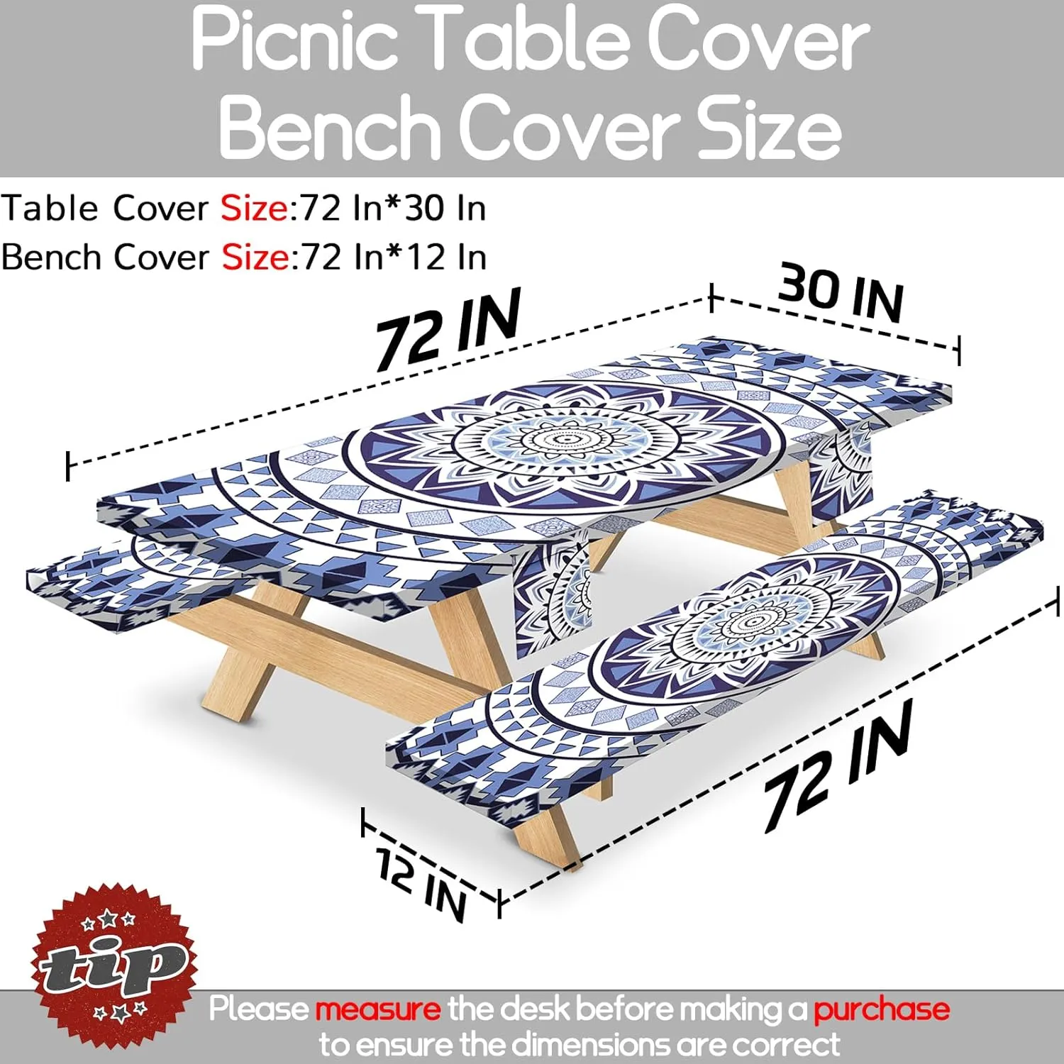 72×30Inches Picnic Table Cover with Bench Covers 3Piece 6Ft Waterproof Outdoor Table Protective Covered Summer Road Trips Necessities Tools Camping Kit Sets Women Must Haves Needs Bohemia