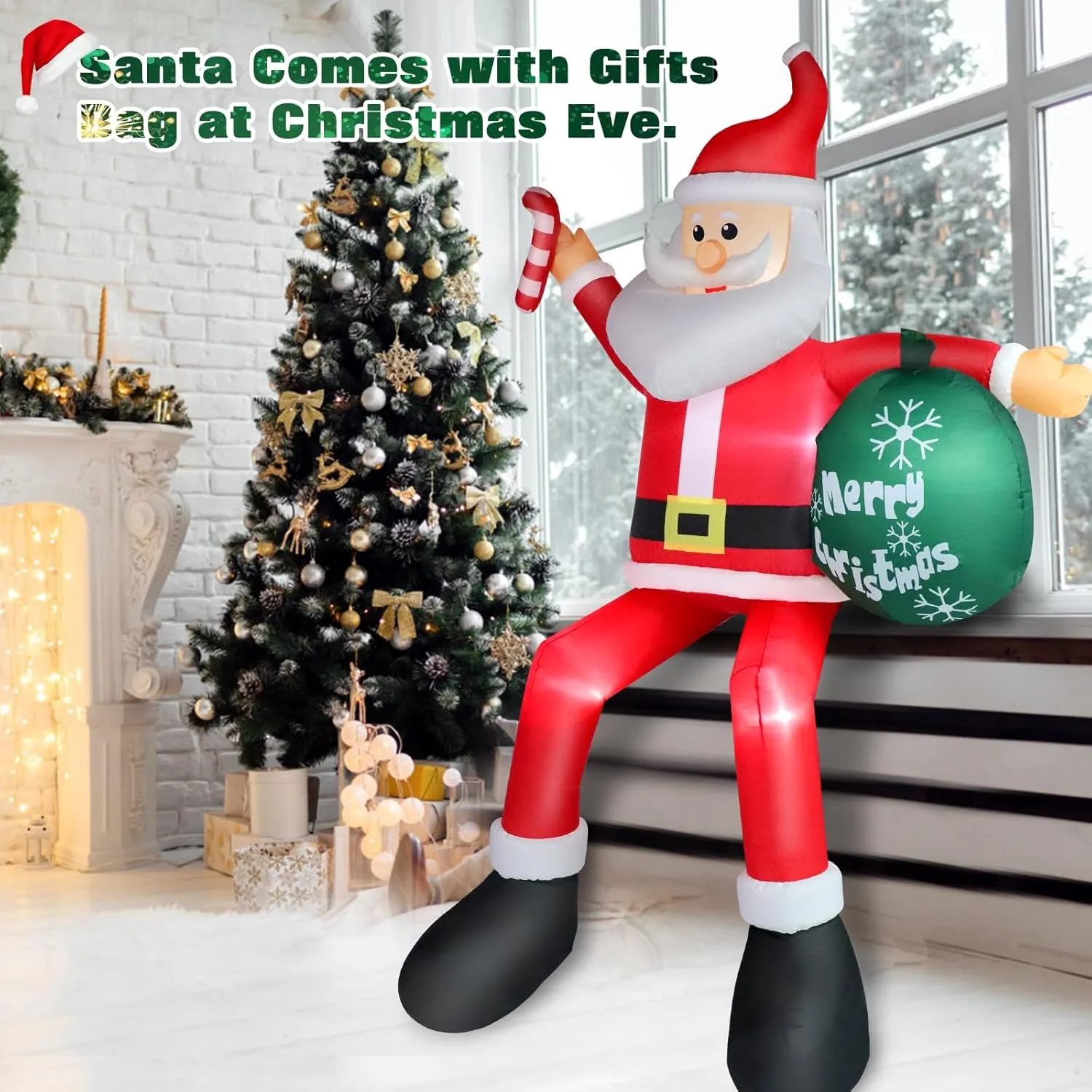 8 FT Christmas Inflatable Santa Claus Outdoor Decorations, Blow up Sitting Santa Claus with Gift Bag, Climbing Santa Carrying Present Sack Sitting on Roof, Xmas Yard Patio Bench Shrubs Indoor Decor