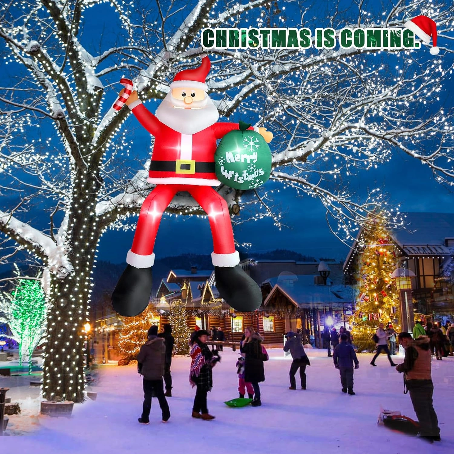 8 FT Christmas Inflatable Santa Claus Outdoor Decorations, Blow up Sitting Santa Claus with Gift Bag, Climbing Santa Carrying Present Sack Sitting on Roof, Xmas Yard Patio Bench Shrubs Indoor Decor