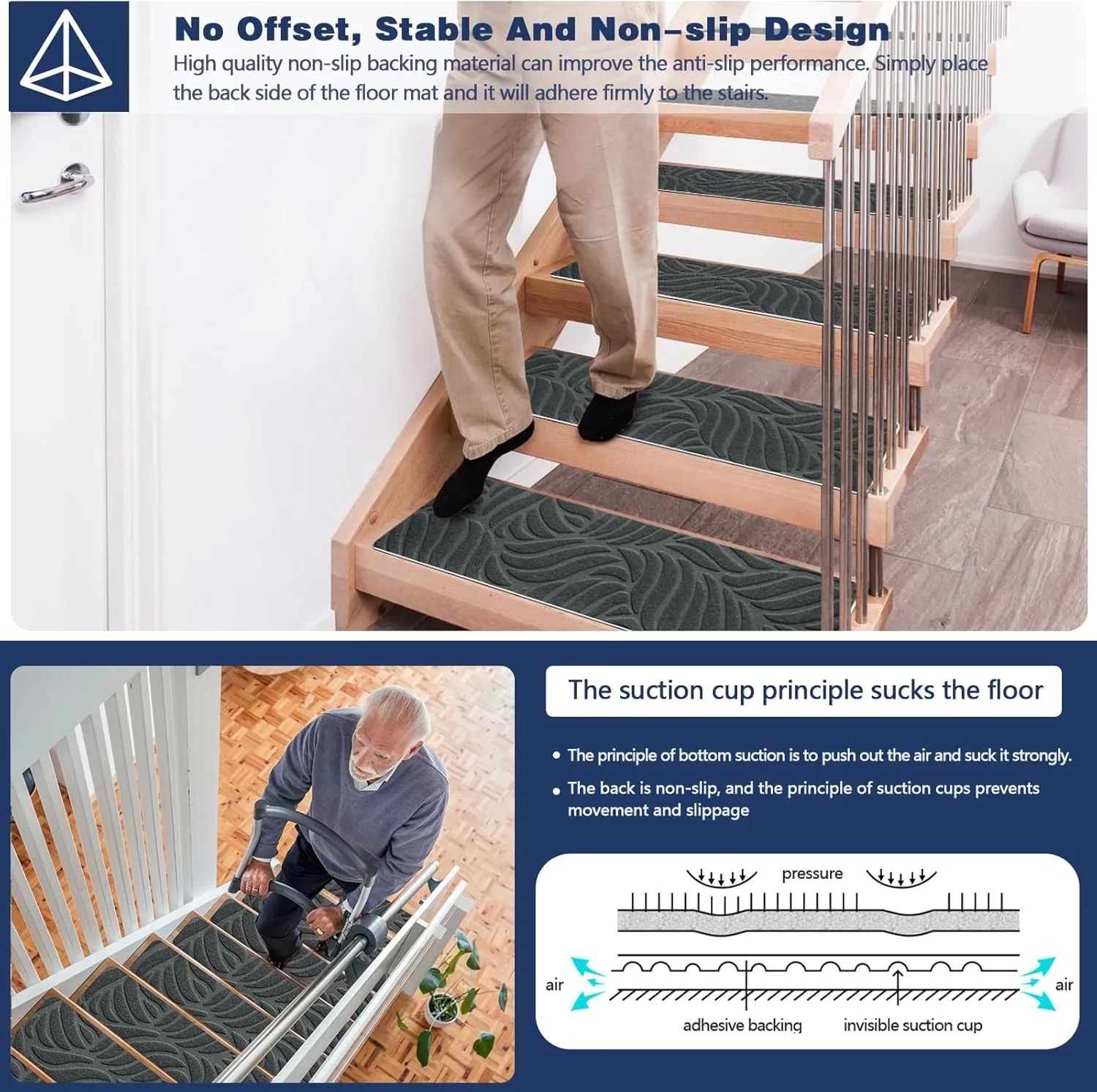 8" X 30" (15 Pack) Non Slip Stair Carpet Treads for Wood Steps, Indoor Stair Mats Covers with Adhesive, Anti-Slip Stair Runner Rug for Kids Elders and Dogs