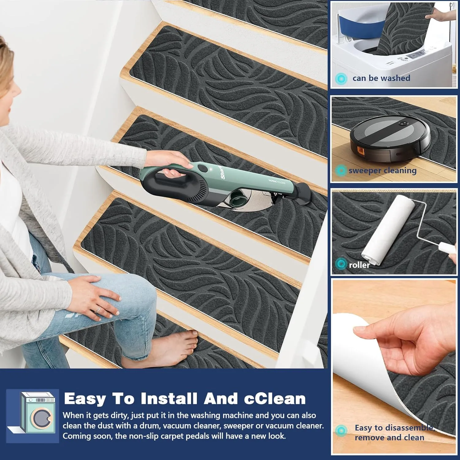 8" X 30" (15 Pack) Non Slip Stair Carpet Treads for Wood Steps, Indoor Stair Mats Covers with Adhesive, Anti-Slip Stair Runner Rug for Kids Elders and Dogs