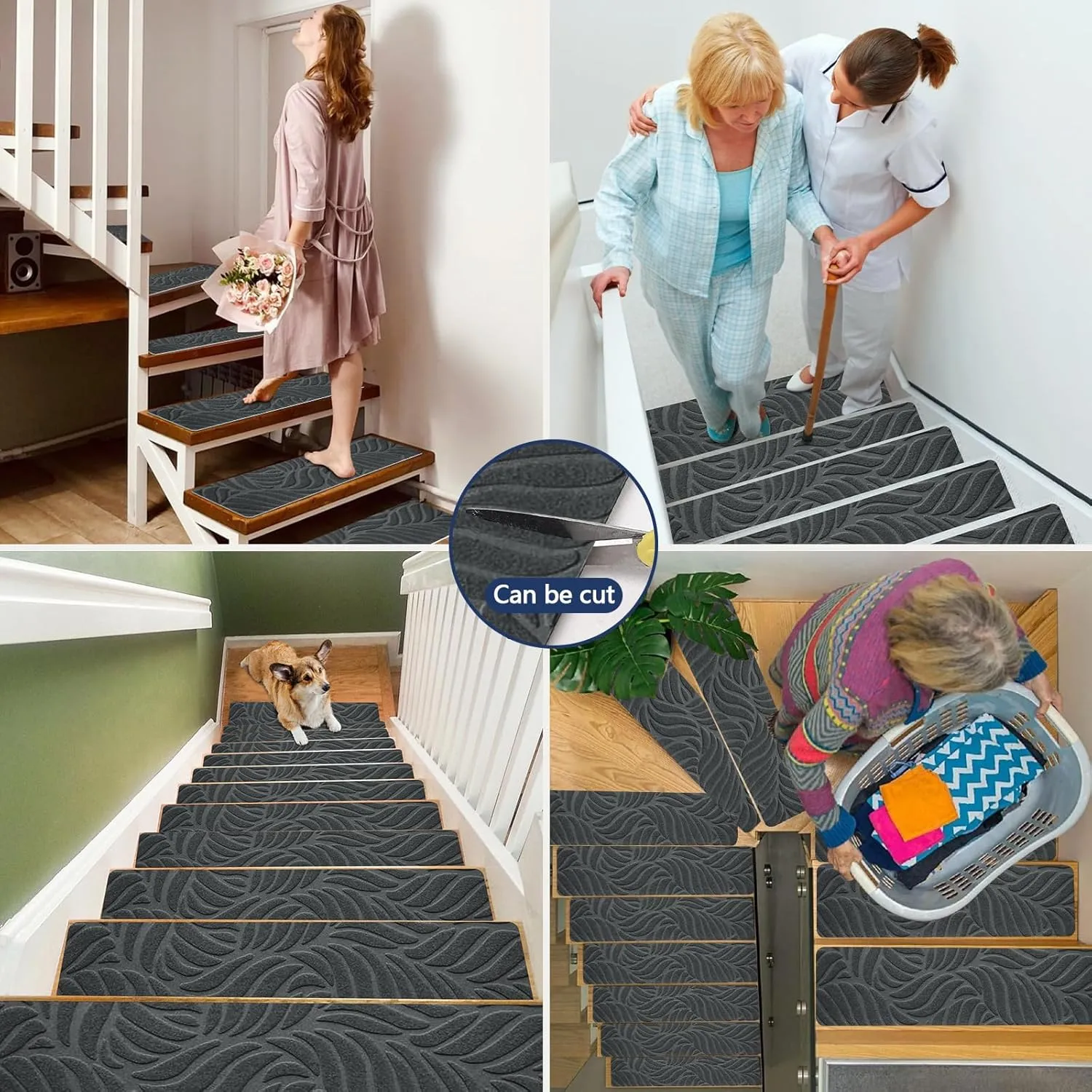 8" X 30" (15 Pack) Non Slip Stair Carpet Treads for Wood Steps, Indoor Stair Mats Covers with Adhesive, Anti-Slip Stair Runner Rug for Kids Elders and Dogs