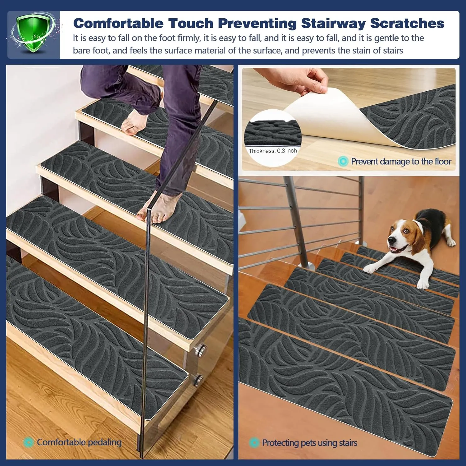 8" X 30" (15 Pack) Non Slip Stair Carpet Treads for Wood Steps, Indoor Stair Mats Covers with Adhesive, Anti-Slip Stair Runner Rug for Kids Elders and Dogs