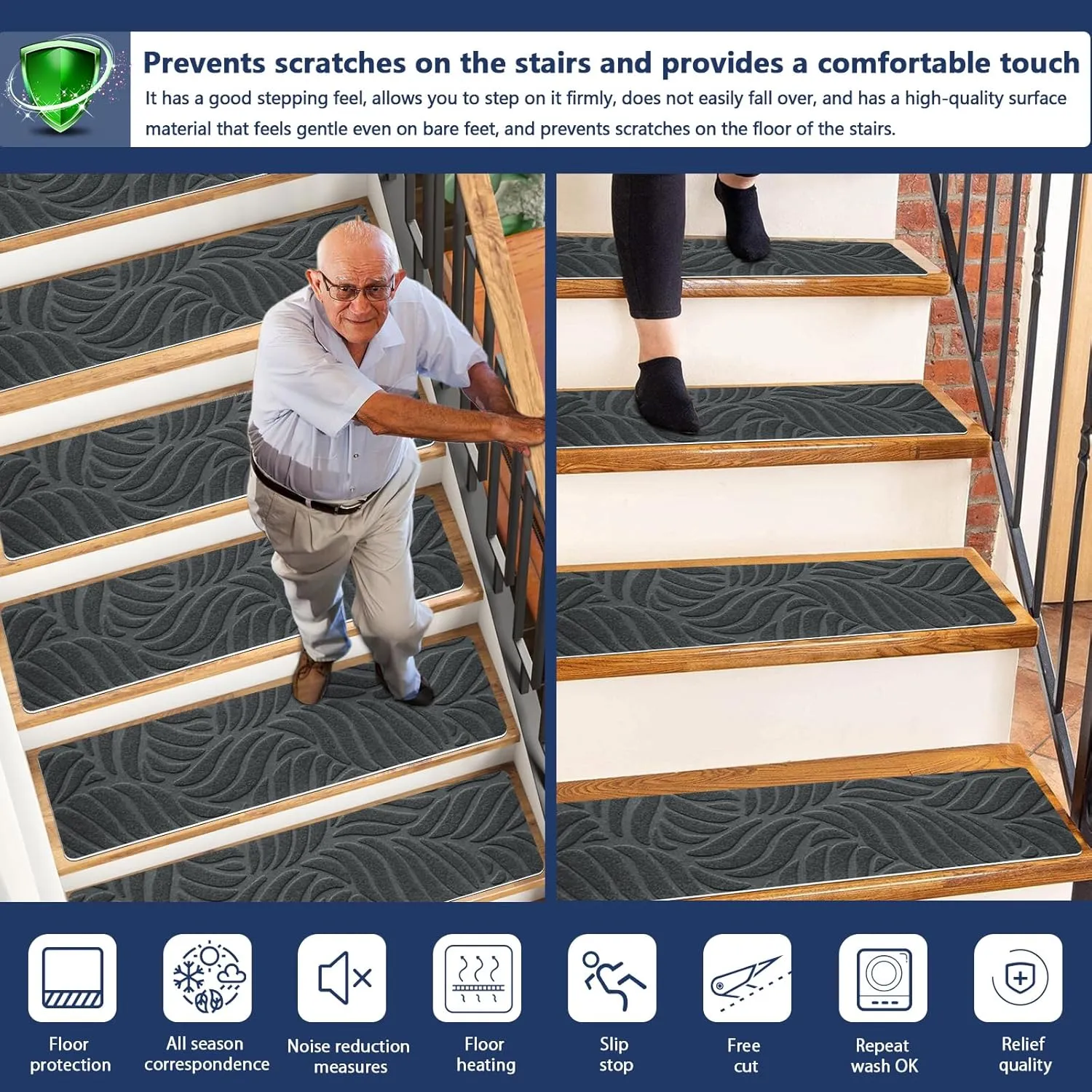 8" X 30" (15 Pack) Non Slip Stair Carpet Treads for Wood Steps, Indoor Stair Mats Covers with Adhesive, Anti-Slip Stair Runner Rug for Kids Elders and Dogs