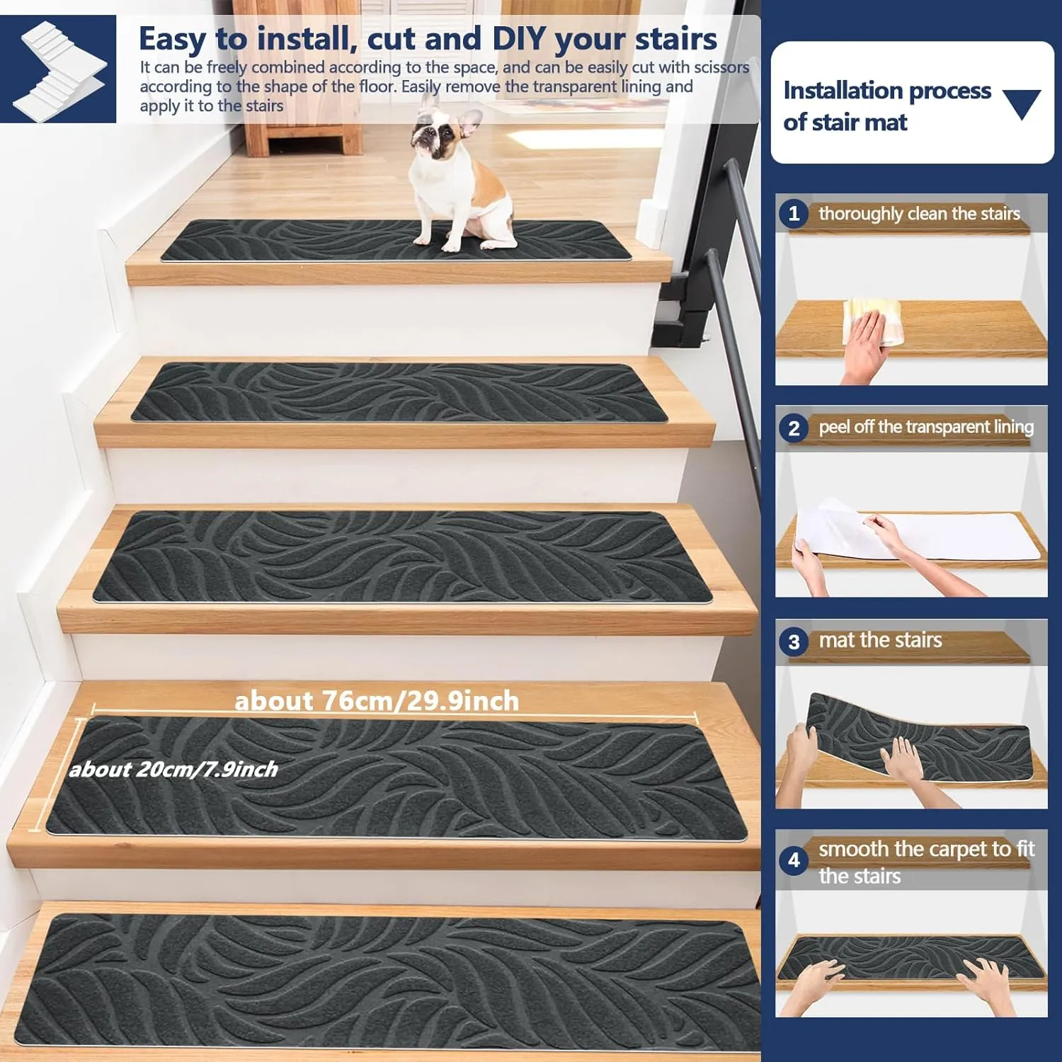 8" X 30" (15 Pack) Non Slip Stair Carpet Treads for Wood Steps, Indoor Stair Mats Covers with Adhesive, Anti-Slip Stair Runner Rug for Kids Elders and Dogs