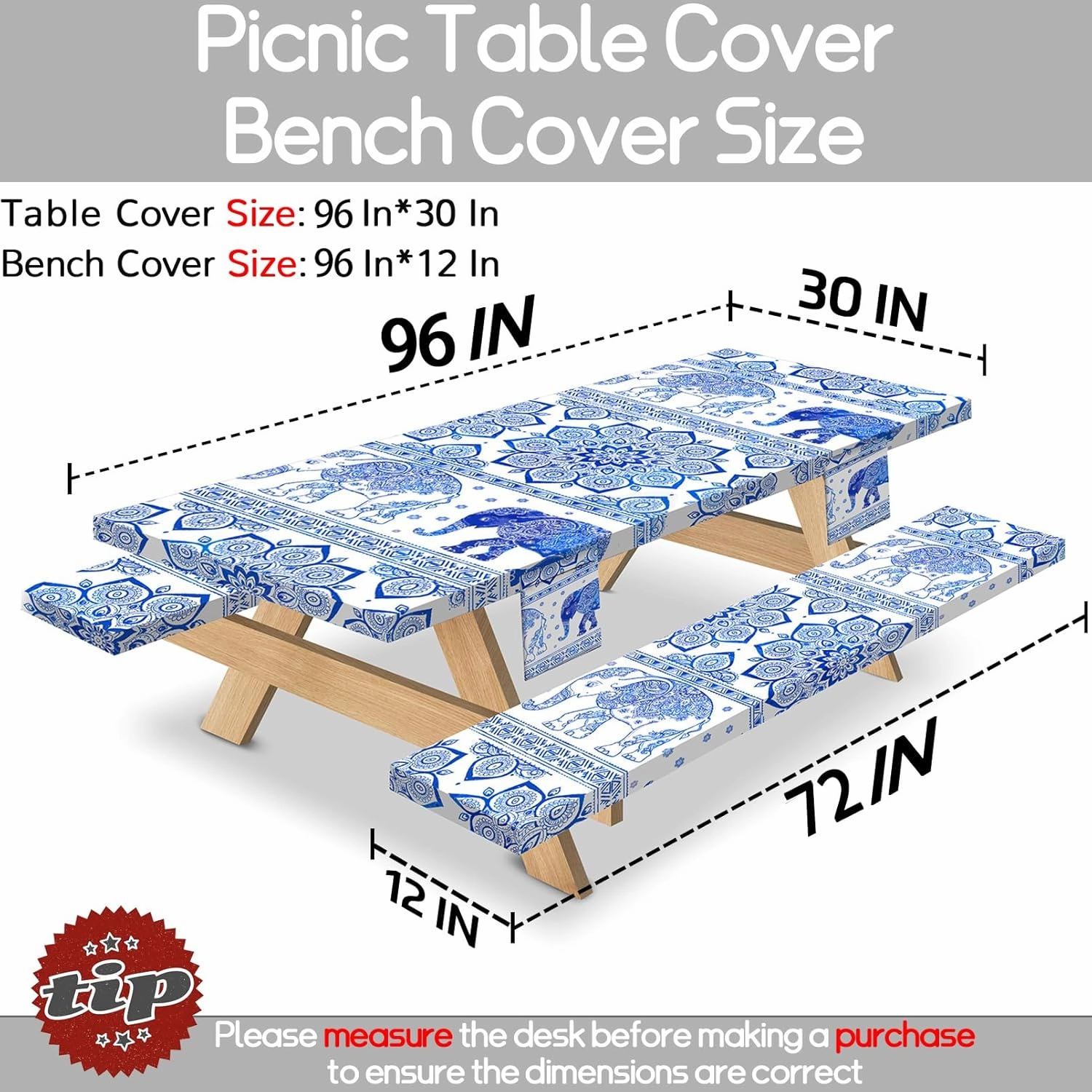 96×30Inches Picnic Table Cover with Bench Covers Heavy Duty Water Proof Stain Resistant Camp Tablecovers Carrying Bag Rv Camping Supplies Kitchen Cooking Equipment Accessories Blue Elephant