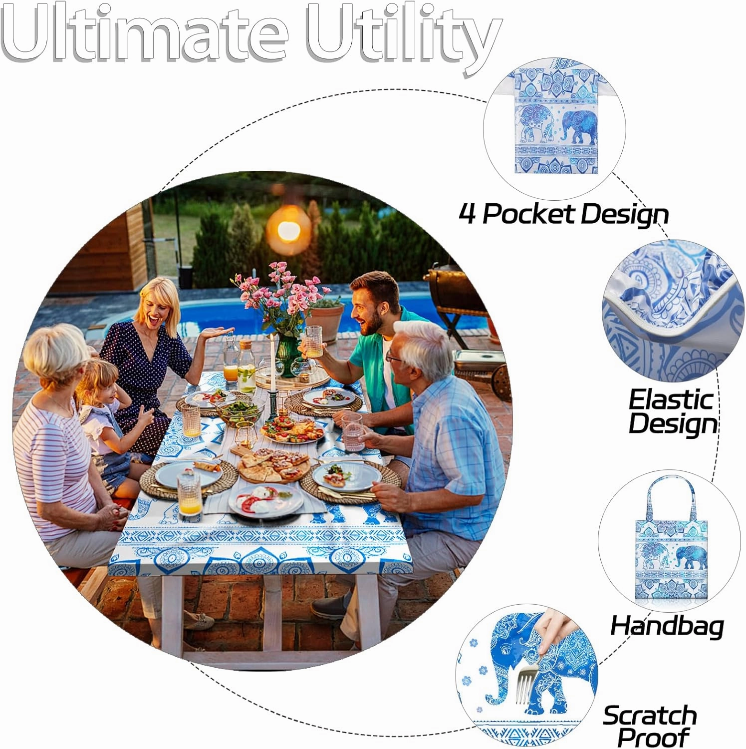 96×30Inches Picnic Table Cover with Bench Covers Heavy Duty Water Proof Stain Resistant Camp Tablecovers Carrying Bag Rv Camping Supplies Kitchen Cooking Equipment Accessories Blue Elephant