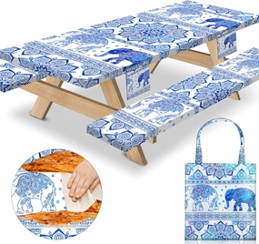96×30Inches Picnic Table Cover with Bench Covers Heavy Duty Water Proof Stain Resistant Camp Tablecovers Carrying Bag Rv Camping Supplies Kitchen Cooking Equipment Accessories Blue Elephant