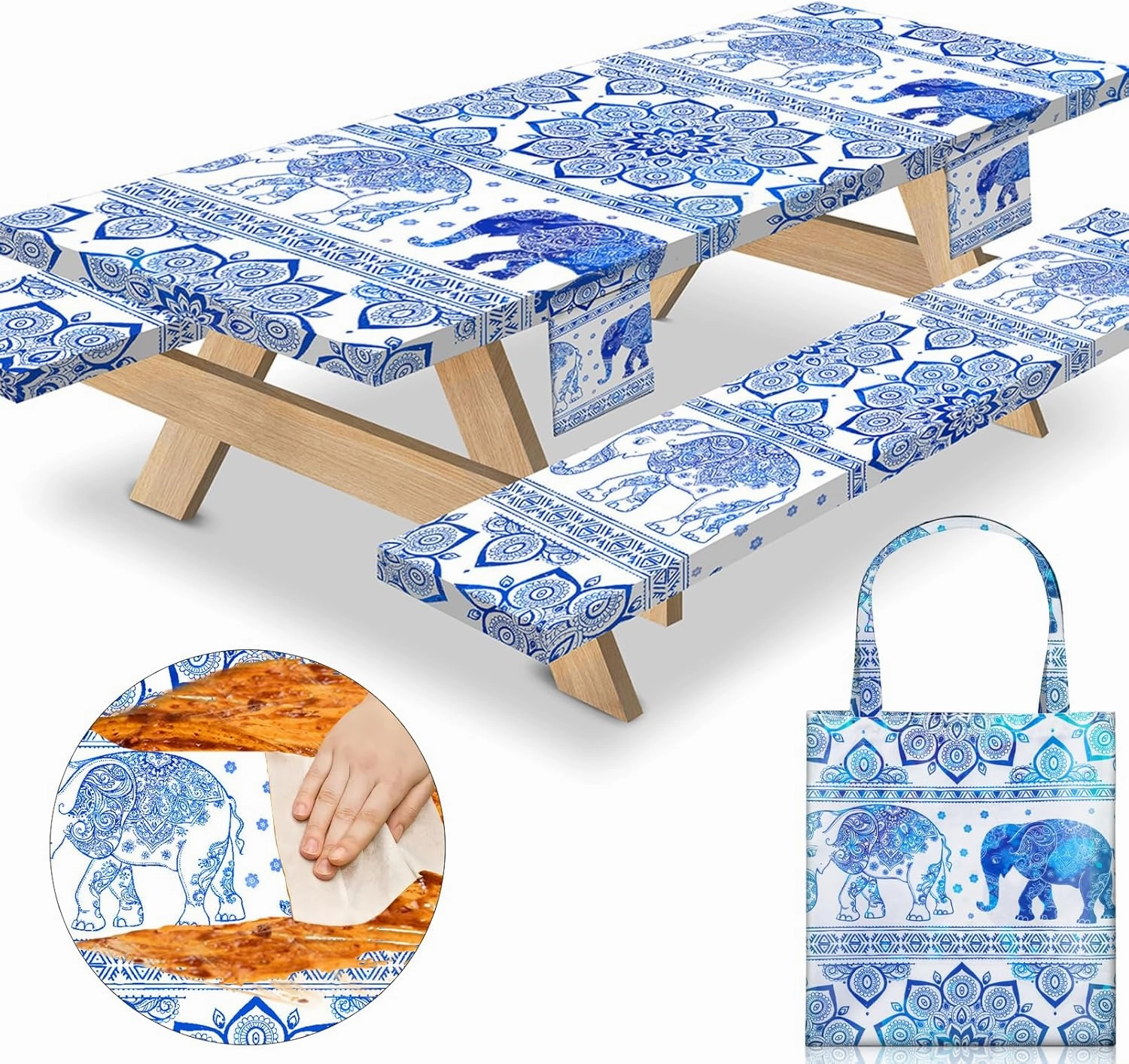 96×30Inches Picnic Table Cover with Bench Covers Heavy Duty Water Proof Stain Resistant Camp Tablecovers Carrying Bag Rv Camping Supplies Kitchen Cooking Equipment Accessories Blue Elephant